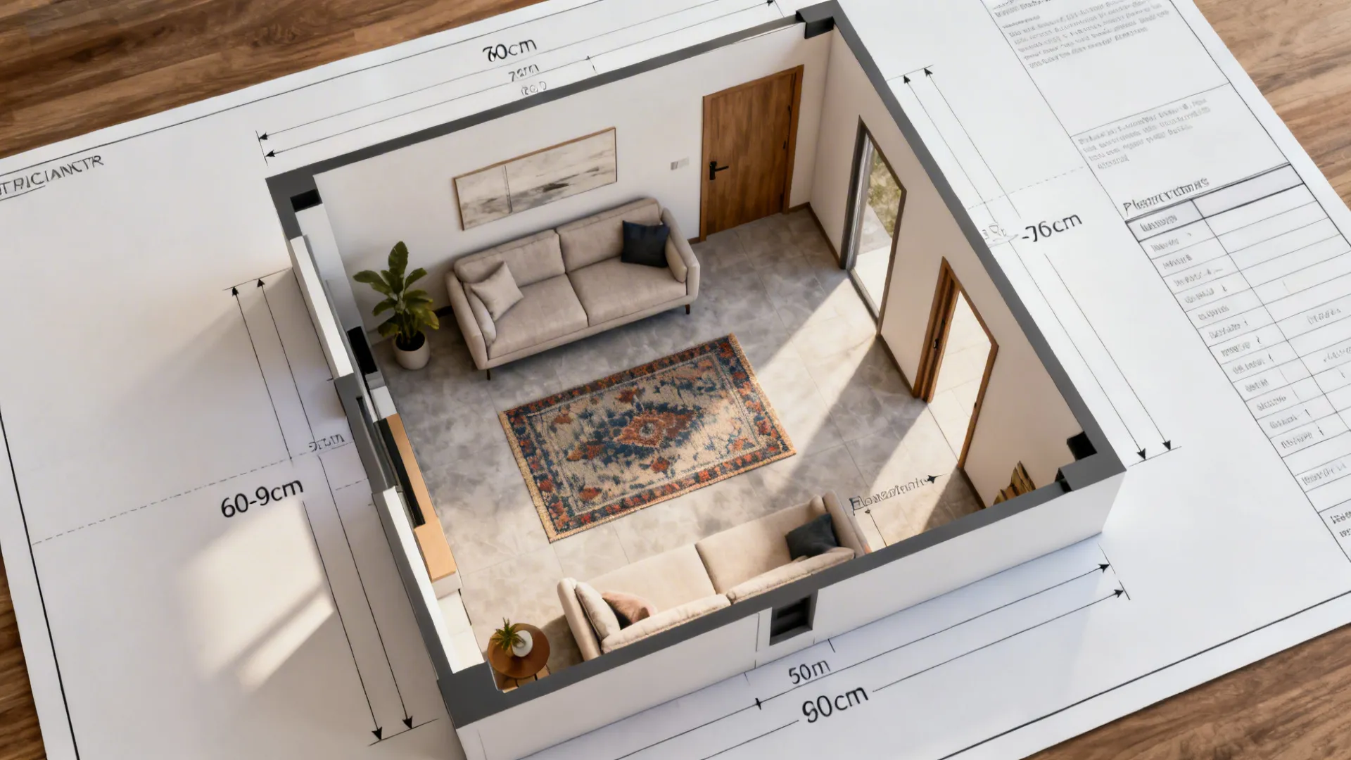Top-down room layout showing sofa placement and circulation spacing in a small living room