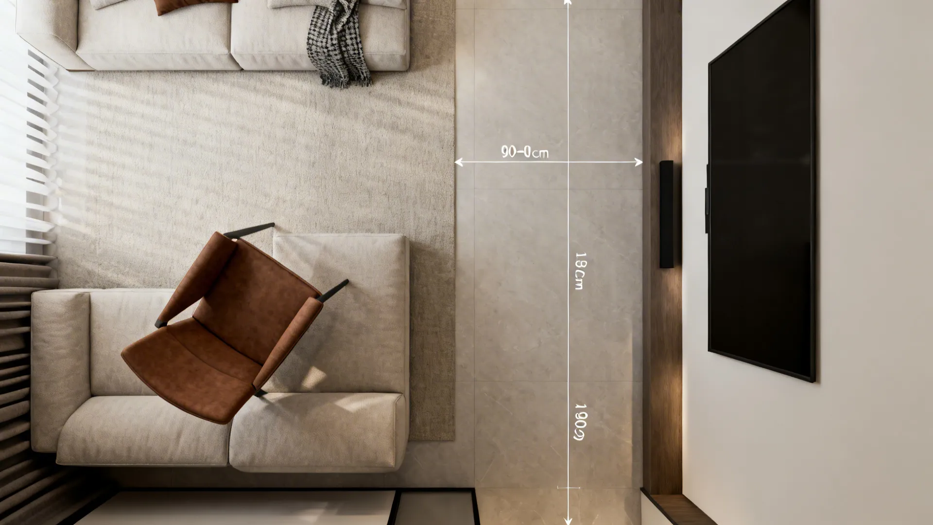 Top-down layout of narrow living room with offset seating and clear walkways