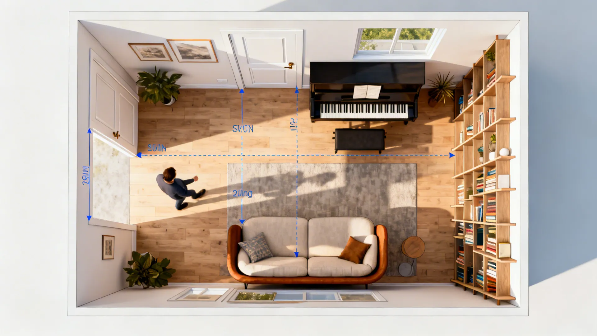 Top-down layout showing furniture placement, door swings and walking paths in a small mid-century living room.