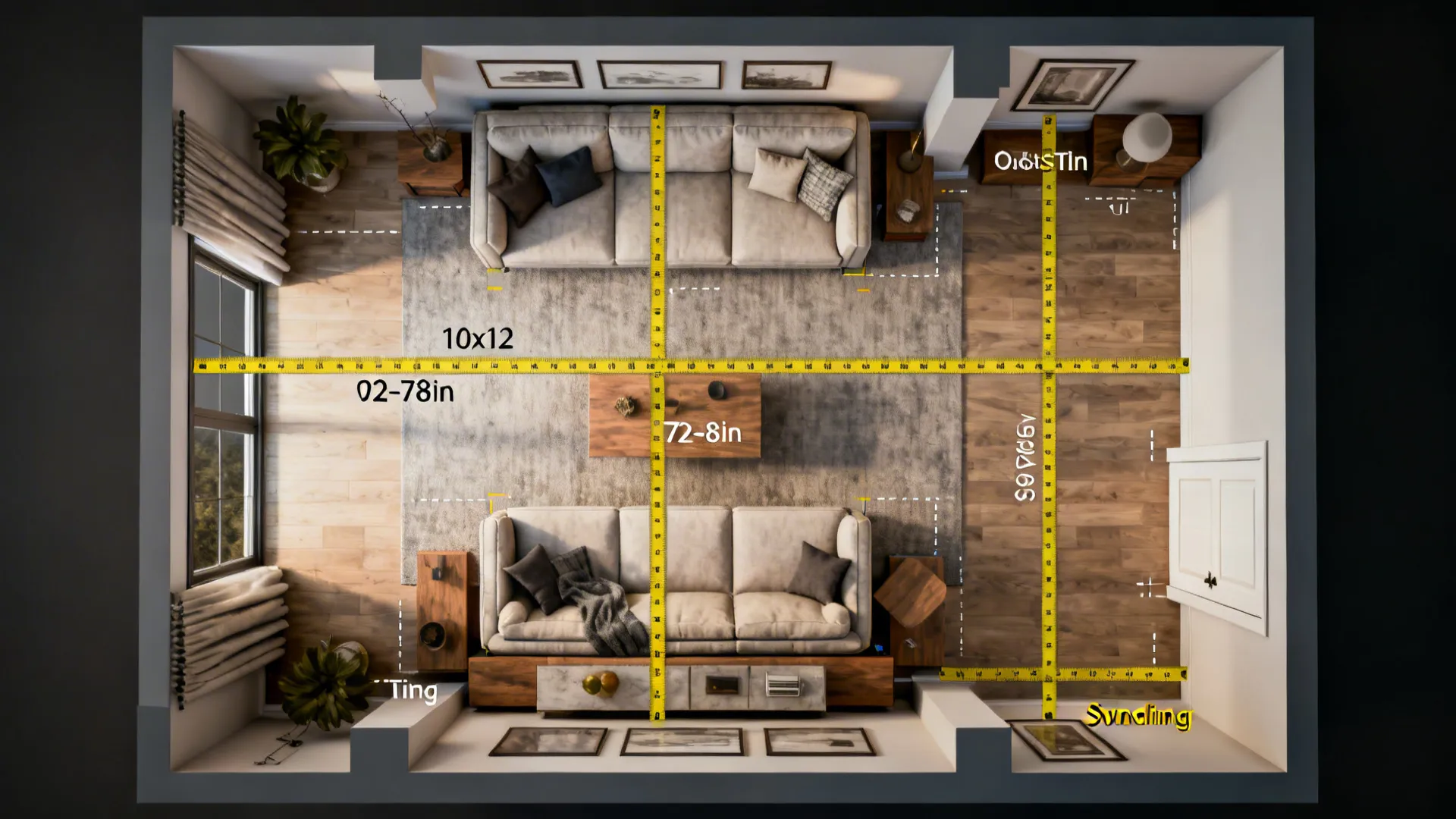 Top-down mockup of a 10x12 living room showing sofa footprint and circulation clearances.