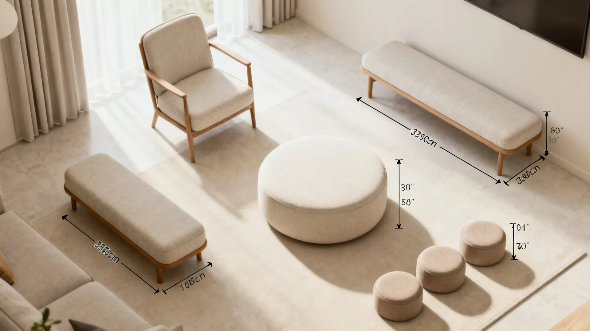 Top-down photorealistic diagram of chair and ottoman placement options in a small living room.