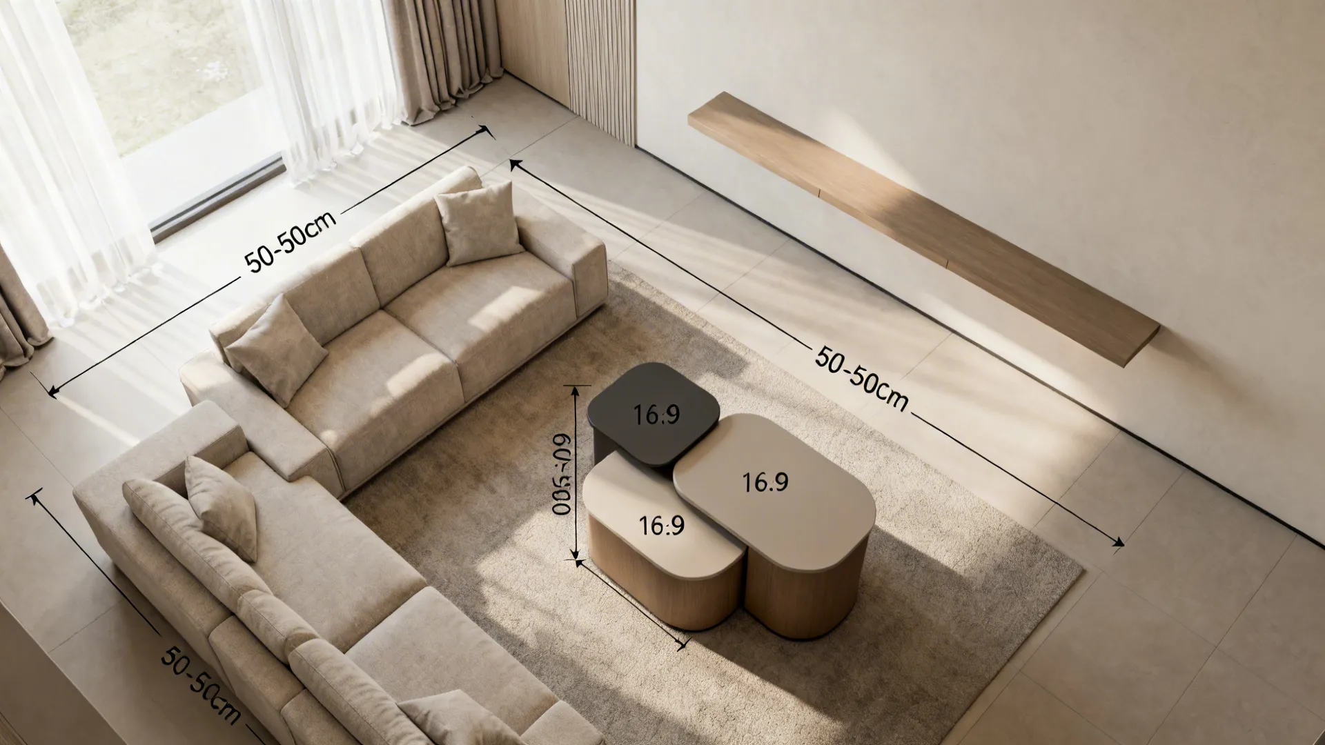 Top-down small living room layout showing sofa clearance and furniture placement