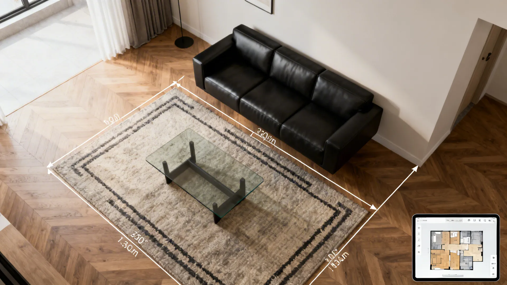 Top-down room layout showing a black couch floated from the wall and a 3D planner on a tablet.