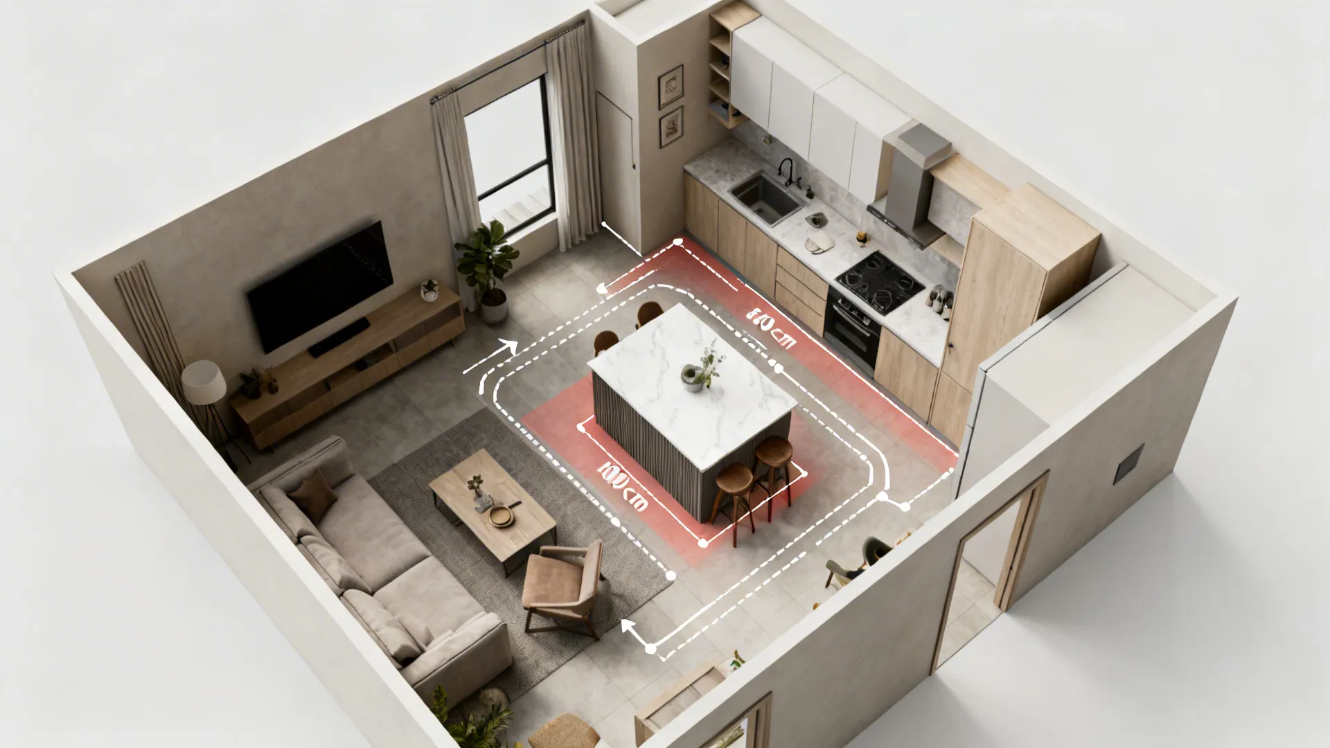 3D interior design drawing of kitchen and living room layout with island measurements and modern furniture