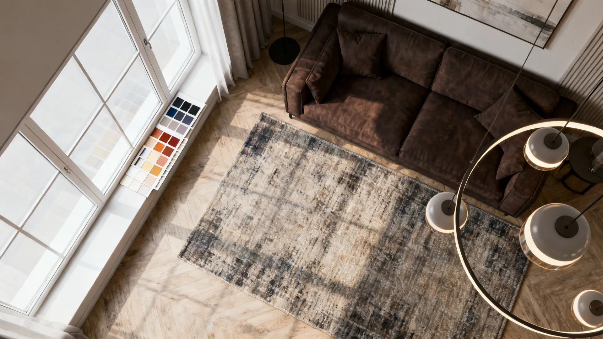 Top-down room planner view showing a dark brown sofa, rug and paint swatches