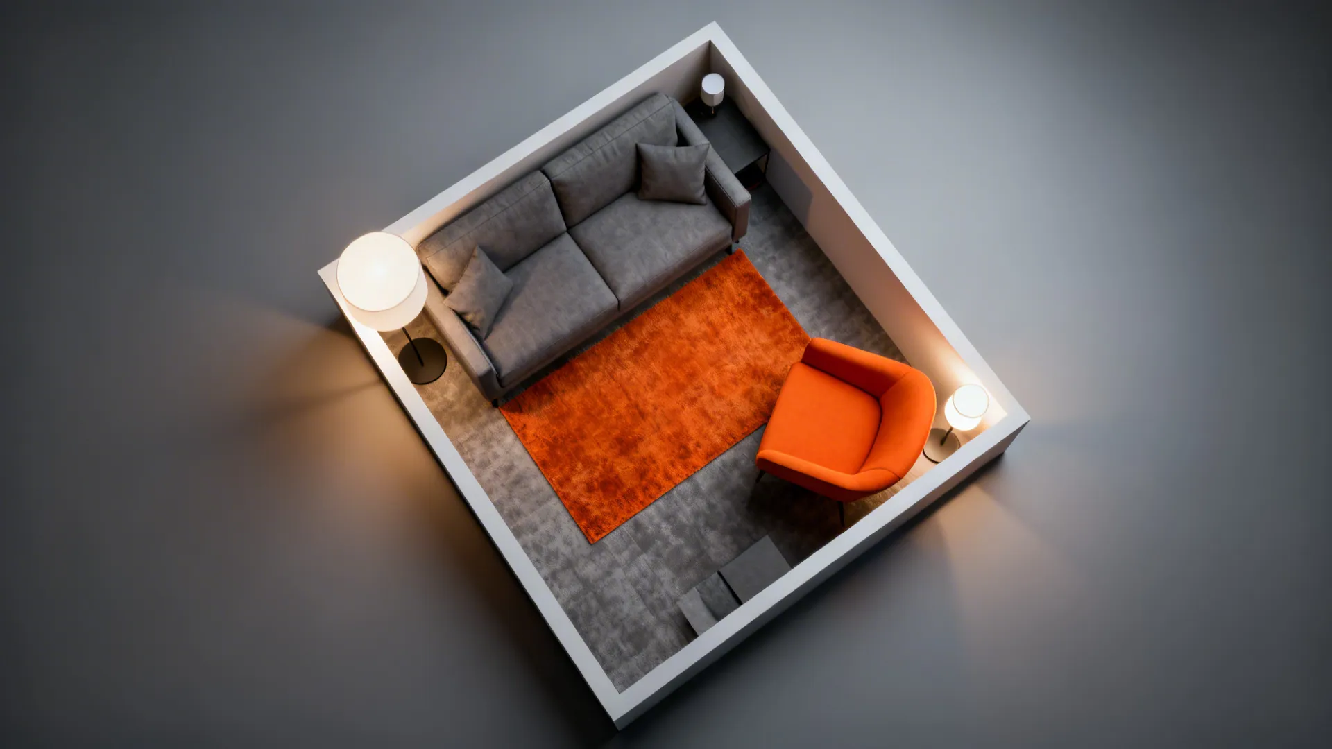 Top-down floor plan mockup showing grey and orange furniture placement in a small living room.
