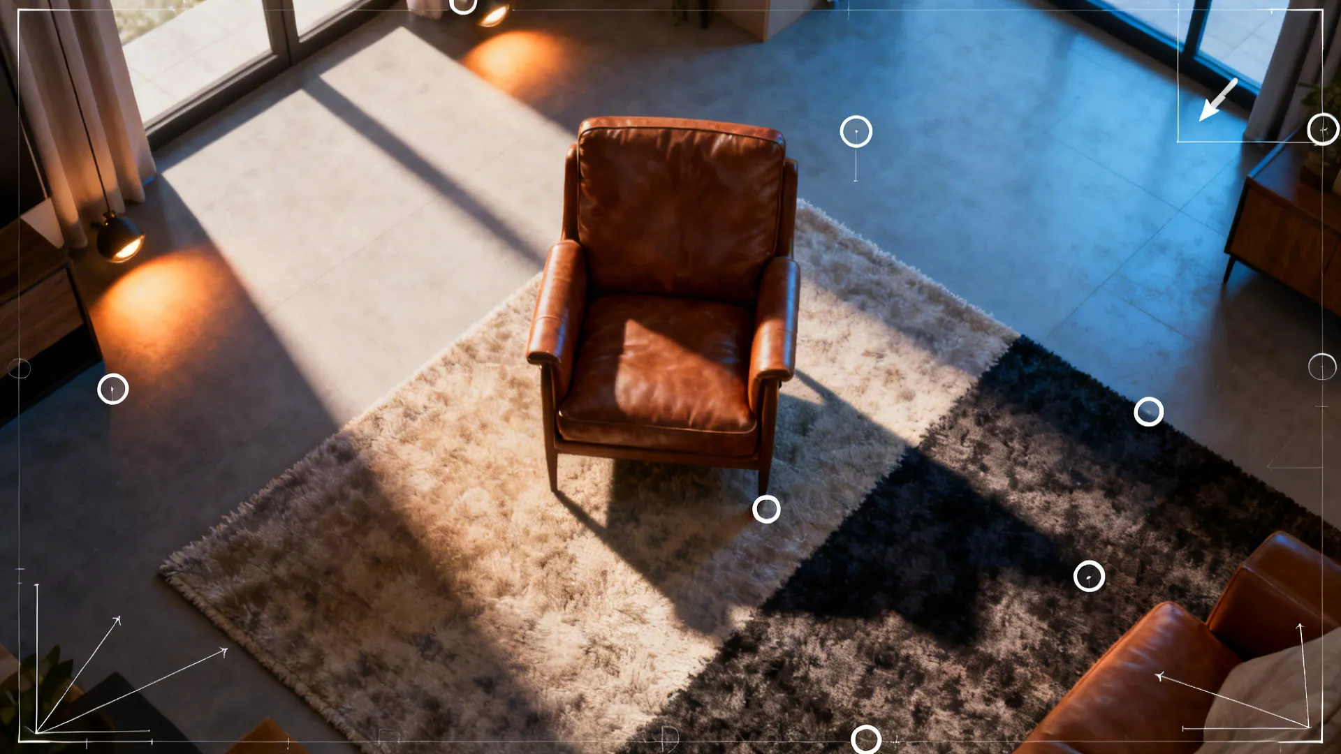 Top-down layout of a small living room highlighting chair placement, rug and lighting zones