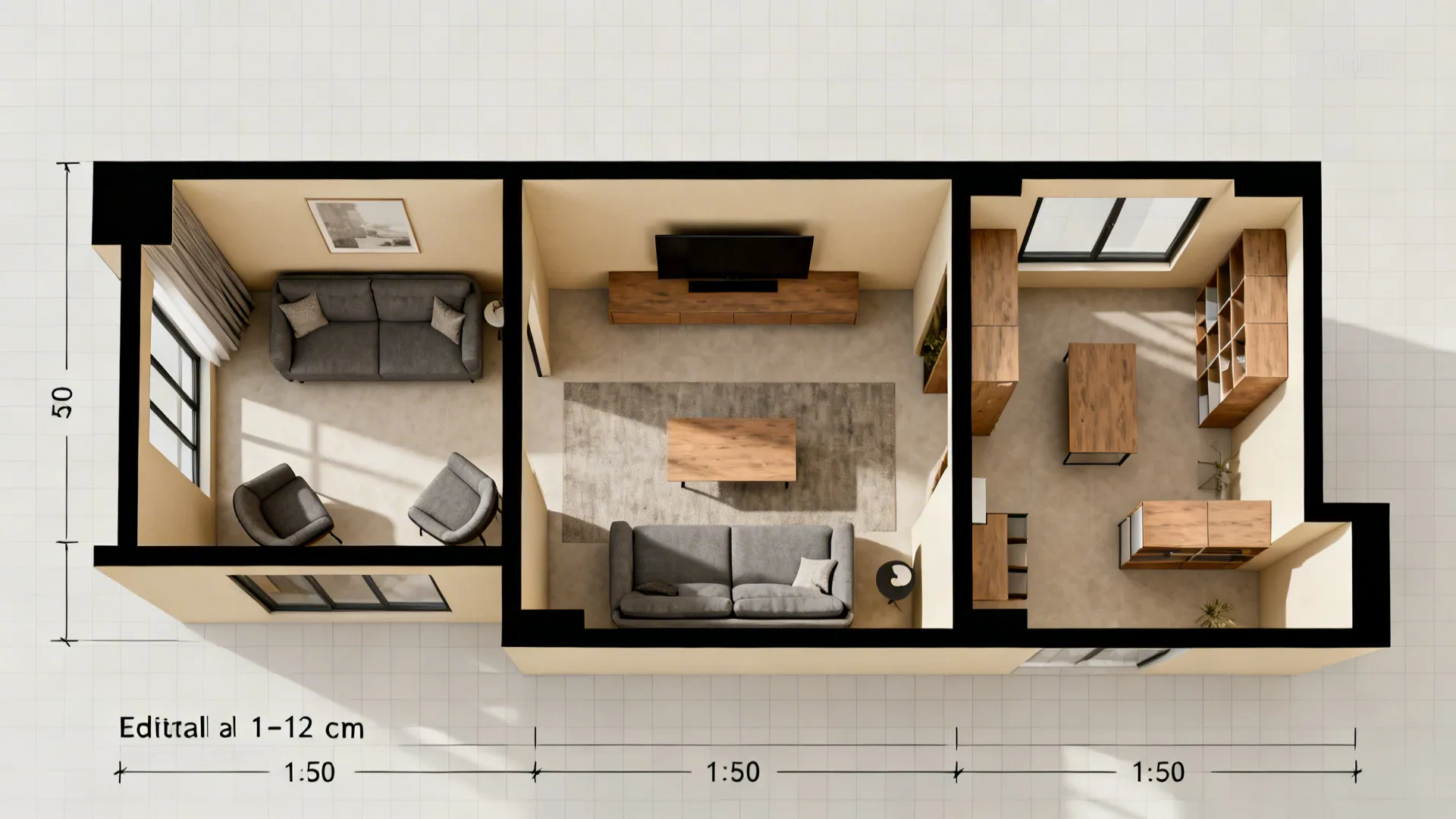 Top-down 3D style floorplan showing alternative furniture layouts for a small living room