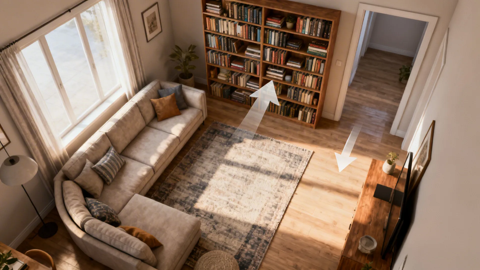 Top-down interior design drawing of living room with beige sofa, wooden bookshelf, and large rug