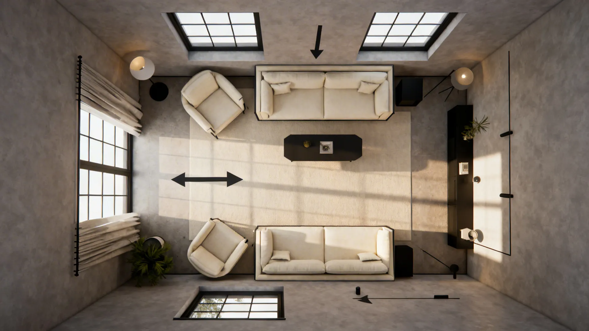 Top-down layout of a small living room showing low-profile furniture and sightlines to windows