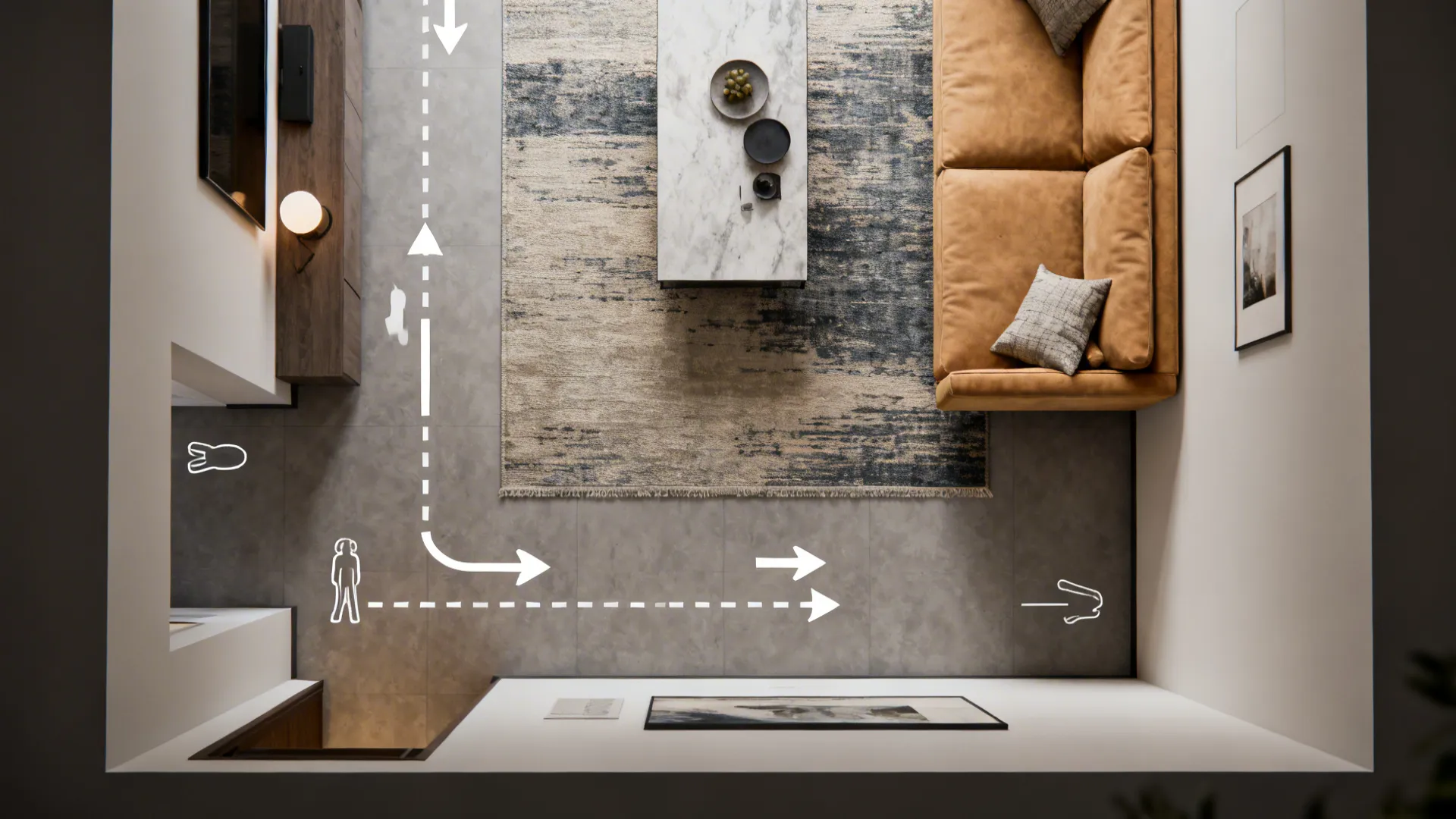 Top-down room plan showing a tan sofa floated for better circulation in a narrow living room