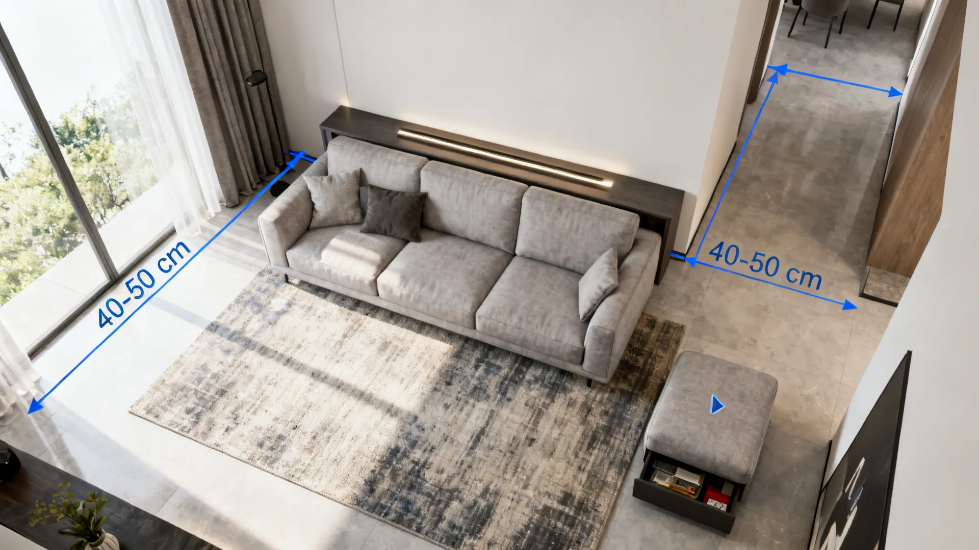 Interior design drawing showing room layout with sofa footrest and blue measurement lines for furniture spacing