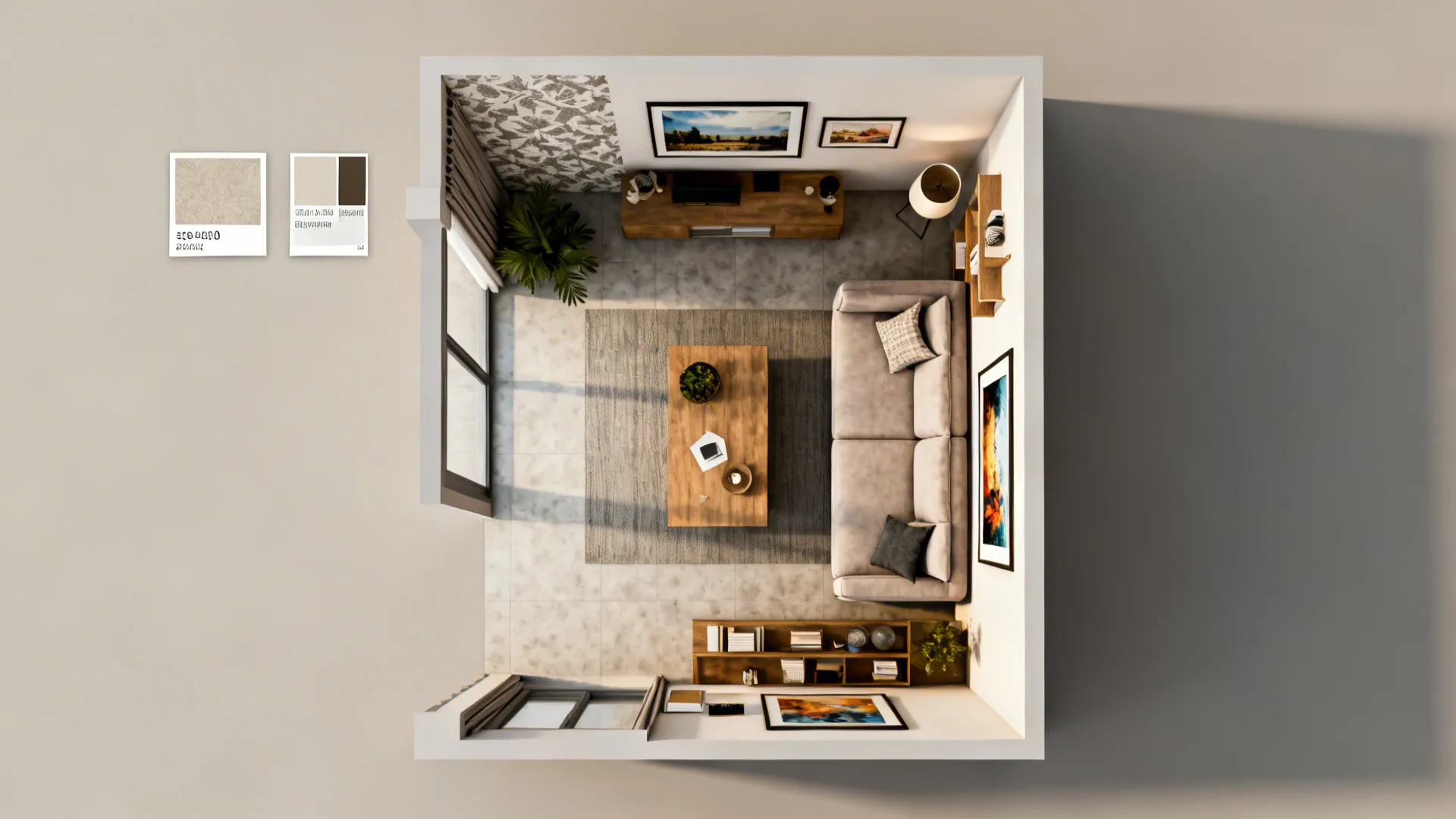 Top down interior design drawing of a living room with sofa rug coffee table shelf