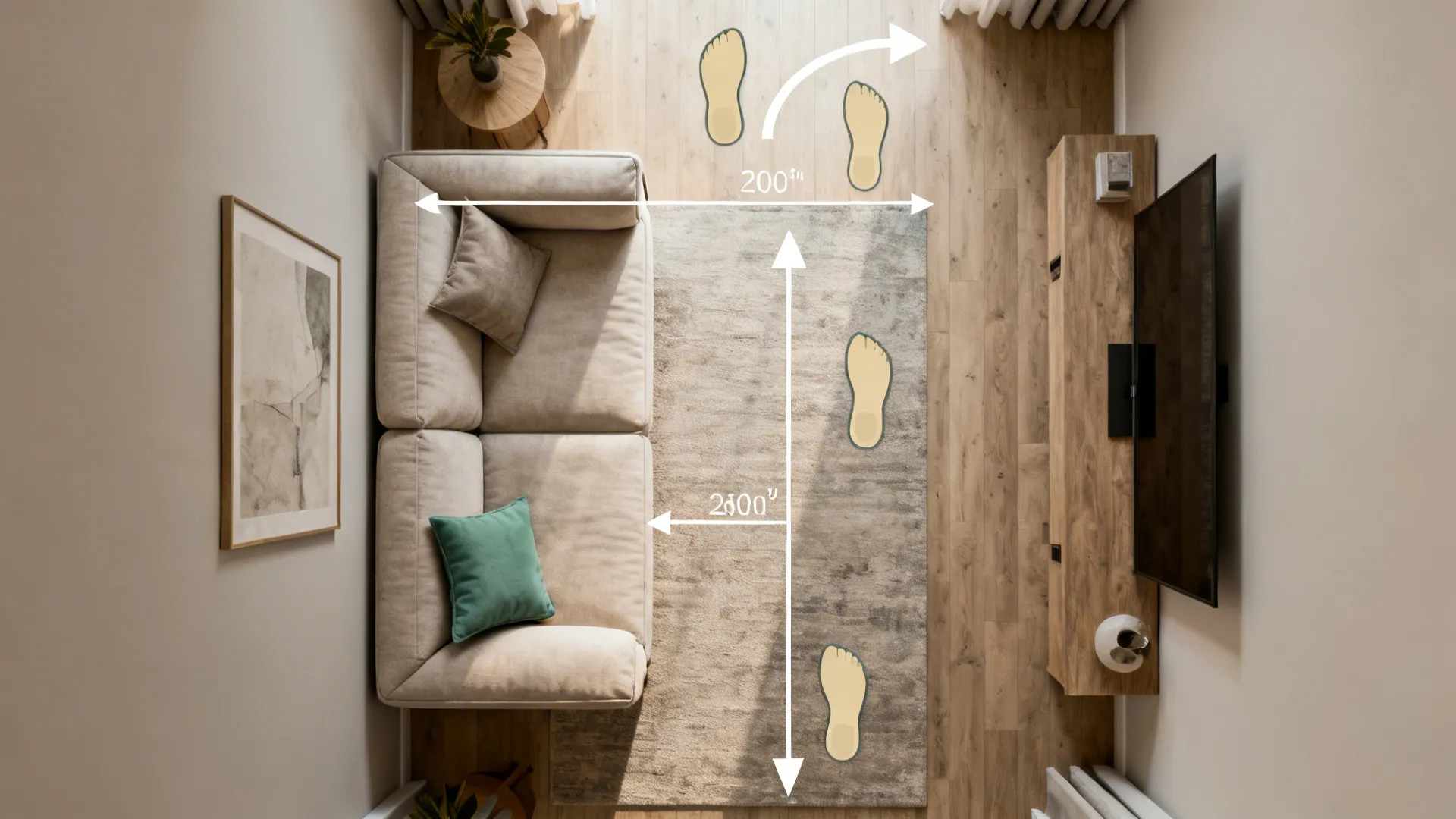 Top-down mockup of a narrow living room showing furniture placement and circulation paths in sage and beige tones.