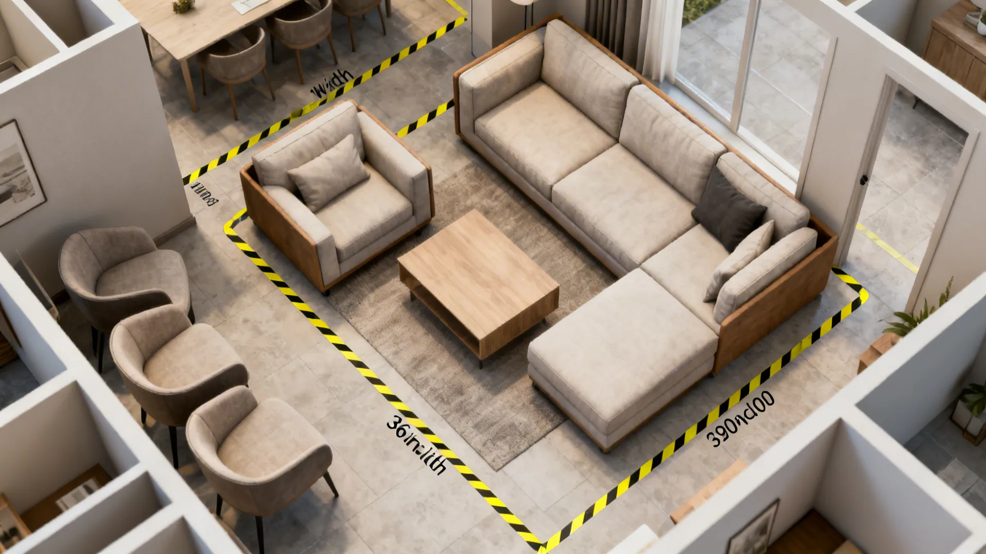 Top-down floor-plan style view showing layout variations and circulation paths for a small living room.