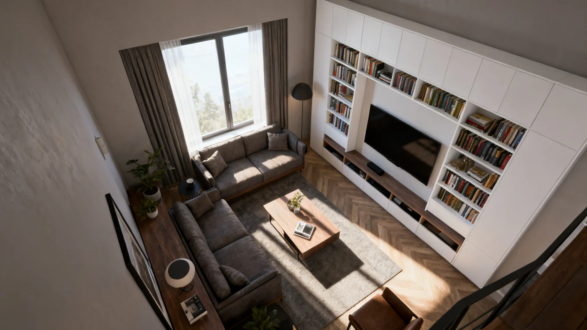 Top-down view of a small living room layout showing clear pathways and seating oriented to natural light