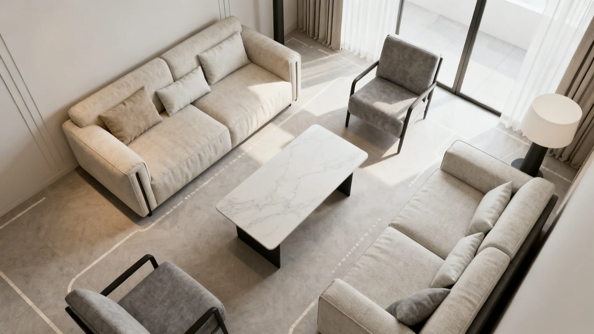 Top-down layout of a small living room showing furniture placement scaled for tall occupants