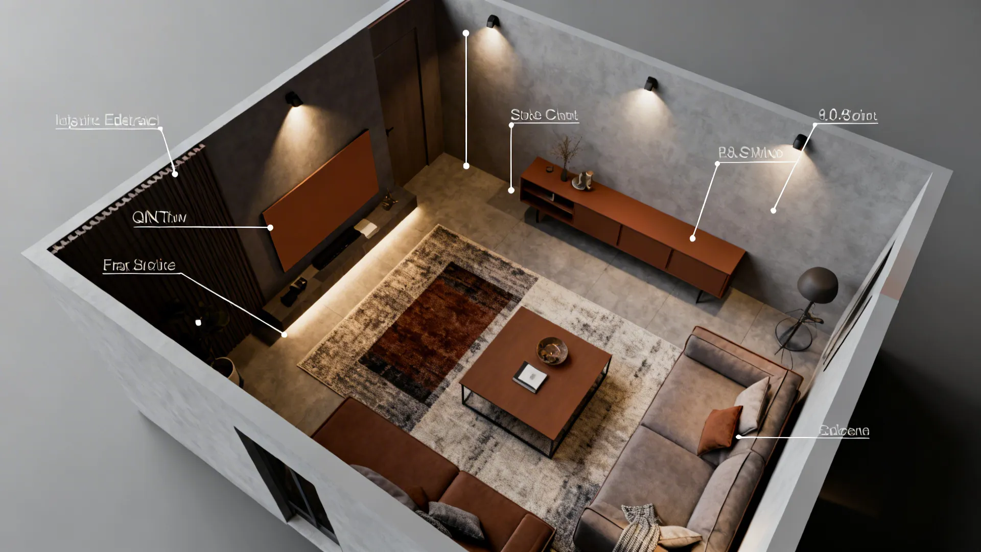 Top view interior design drawing of a living room layout with sofa rug and wall lights