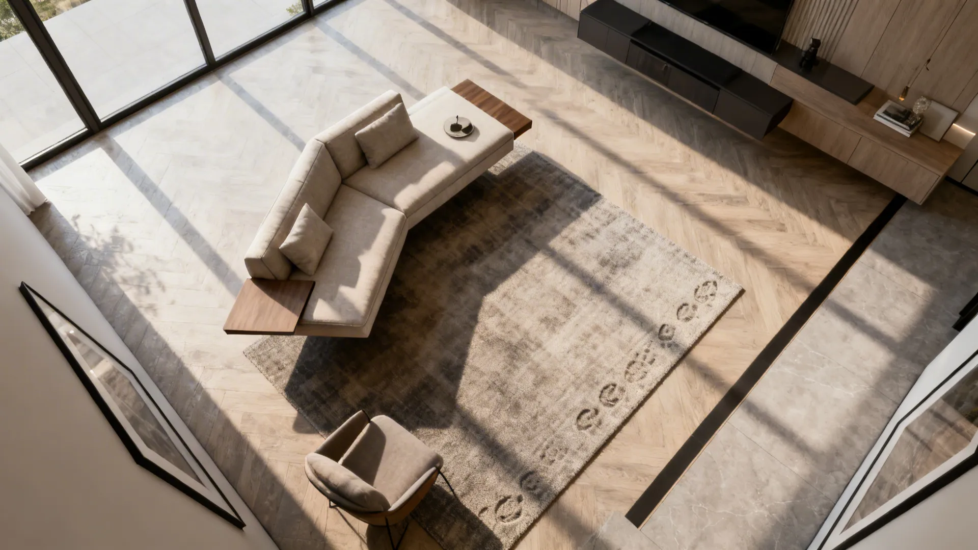 Top down view of living room layout with beige sofa rug armchair and wooden floor
