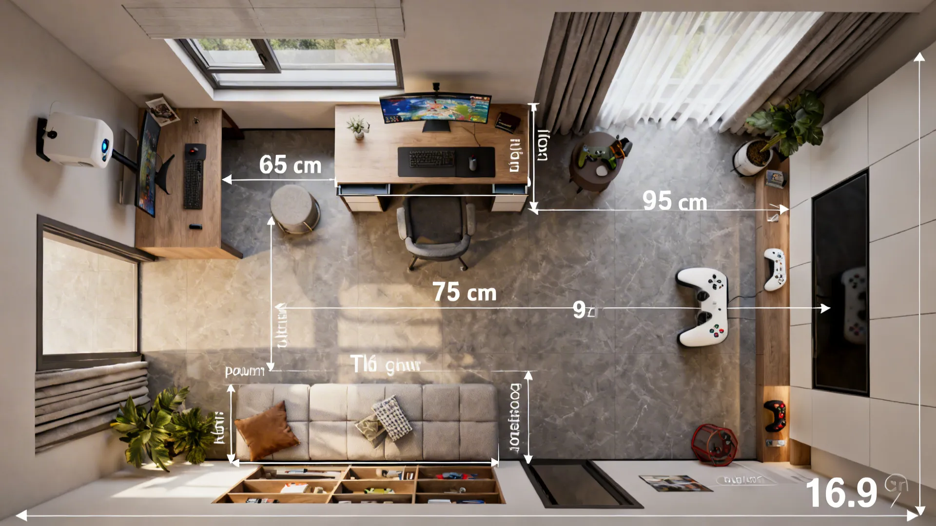 Top view interior design drawing of gaming room with two desks sofa and white floor tiles