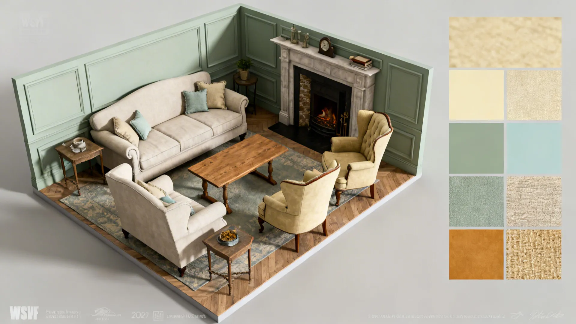 Top-down quick floor plan view showing furniture layout and palette swatches.