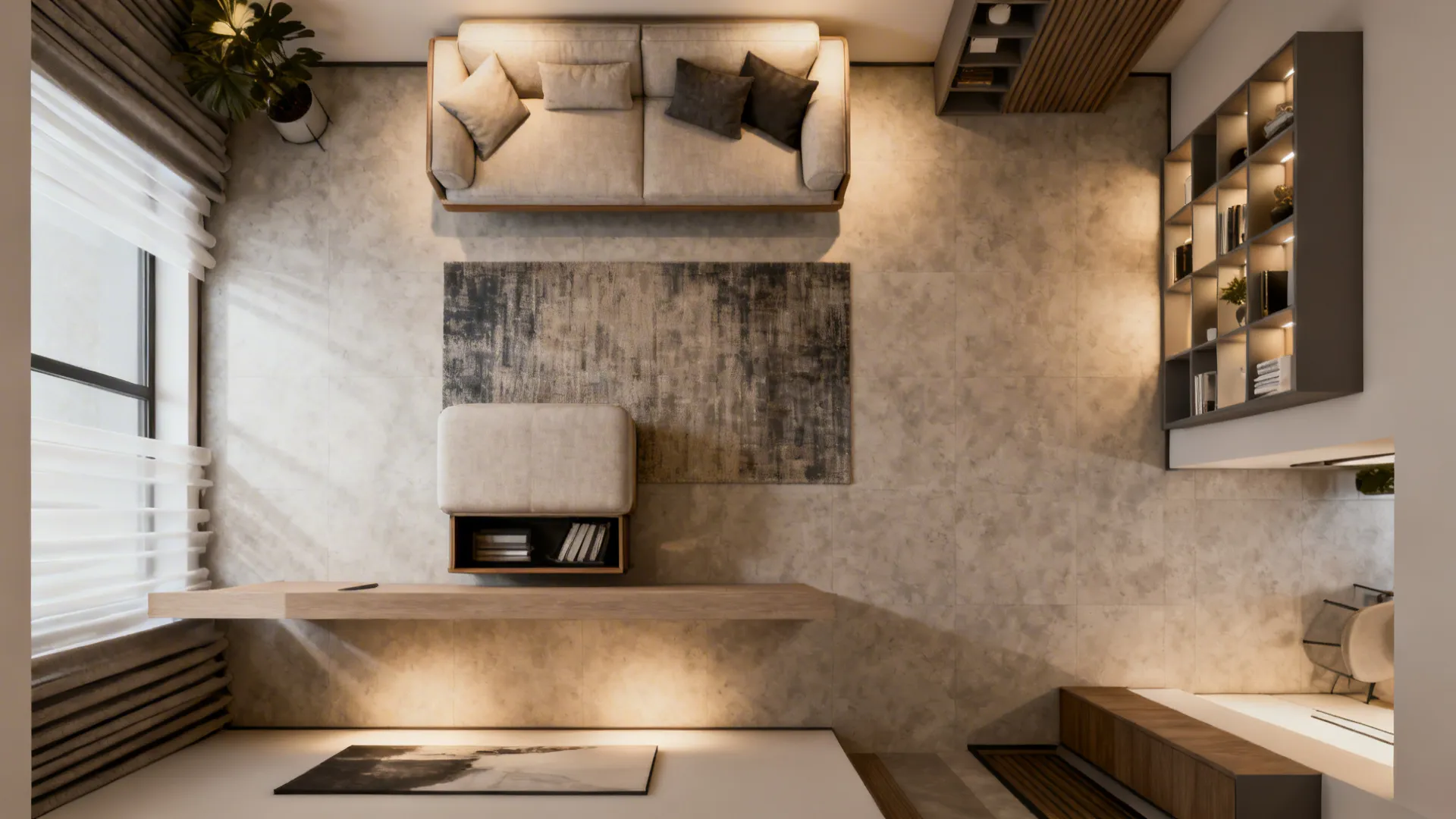 Top down view of living room layout with sofa rug footrest shelf and grey floor tiles