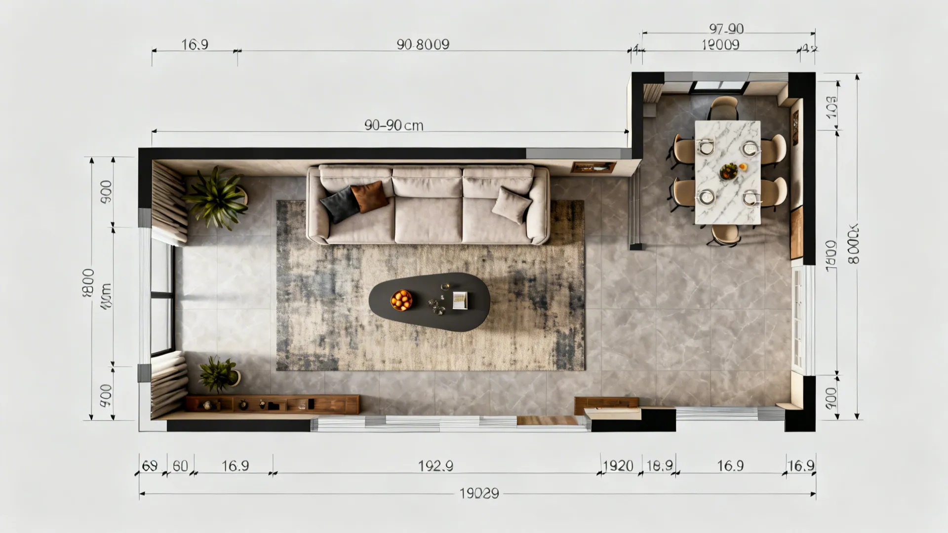 Top-down floorplan of an L-shaped living room with circulation widths and suggested furniture placement
