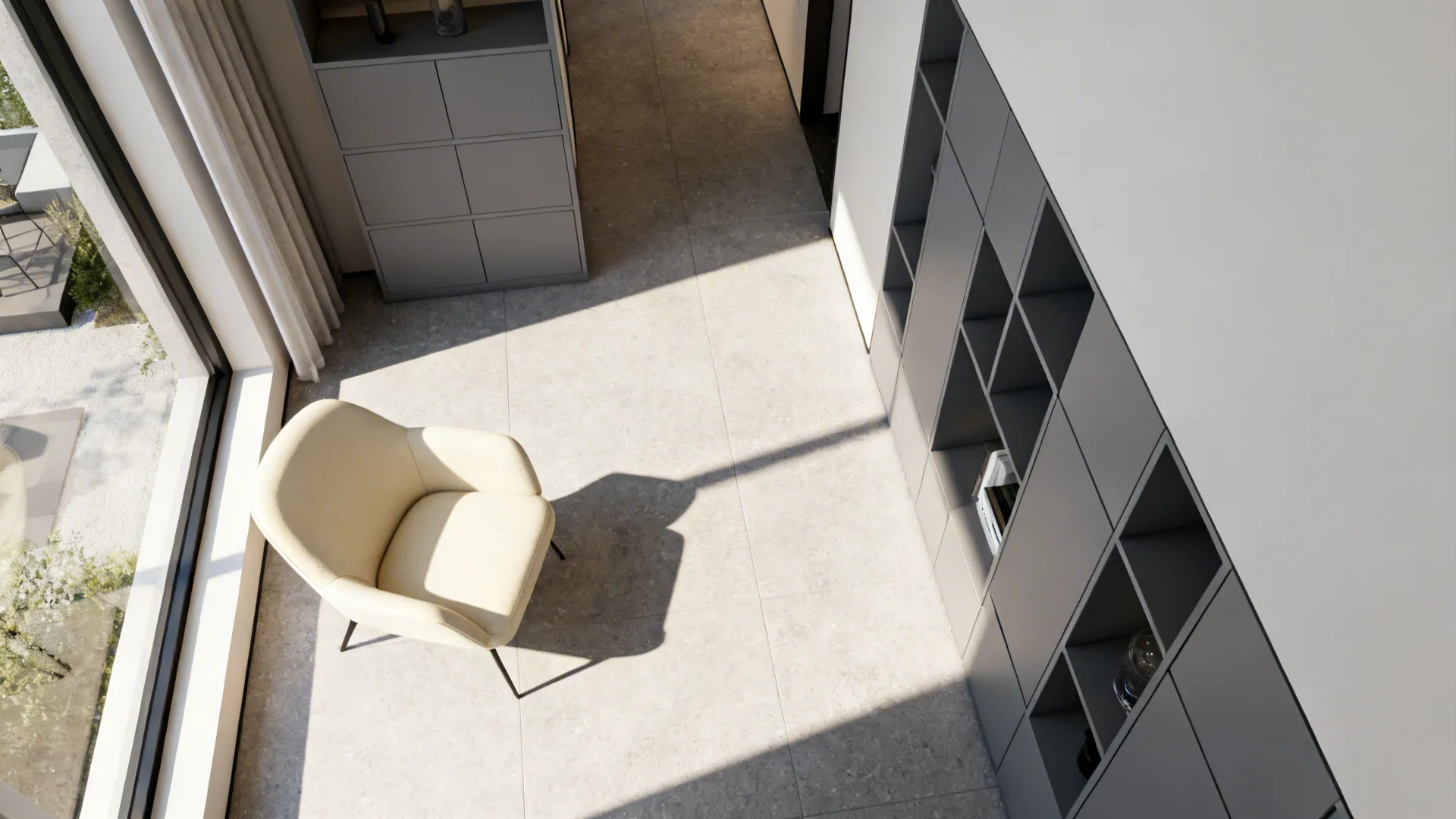 Interior design drawing top view showing a beige chair grey cabinet and tiled floor room layout