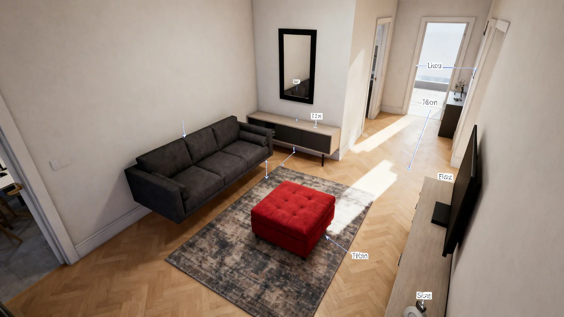 Top-down layout of a small living room with floating sofa and low-profile media unit.