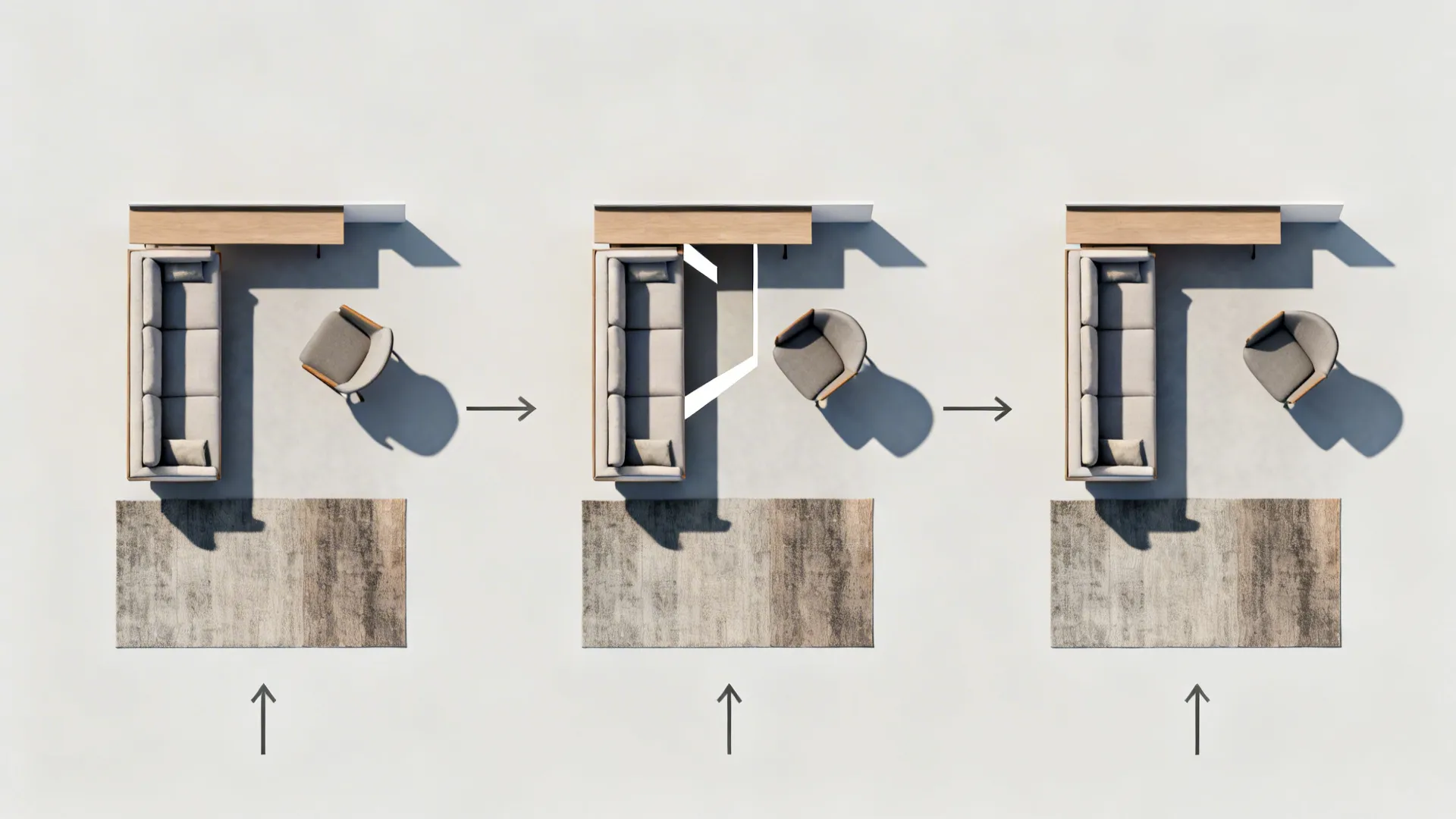 Top-down visuals of three flexible small living room layouts showing clear circulation paths and furniture placements.