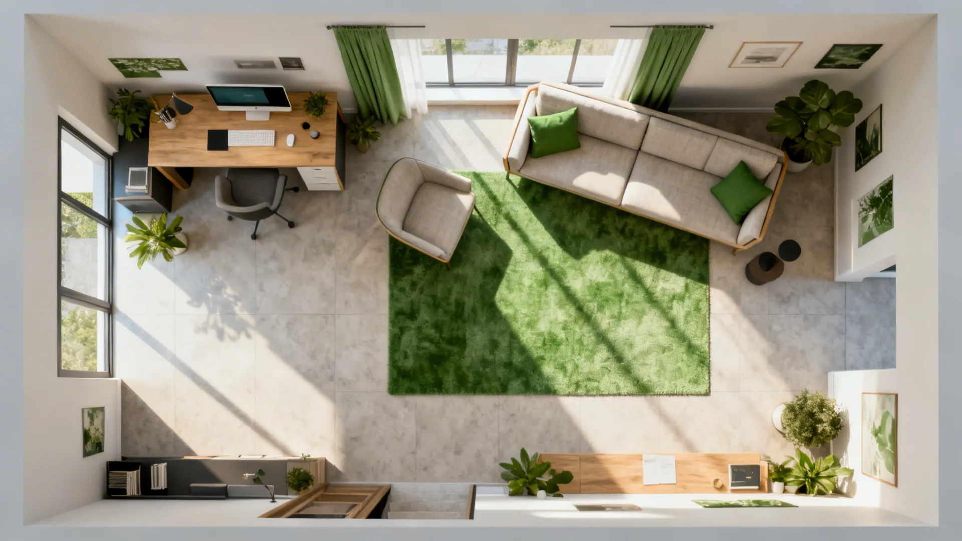 Top-down view of a small living room showing a rug-defined seating zone and a mini workspace