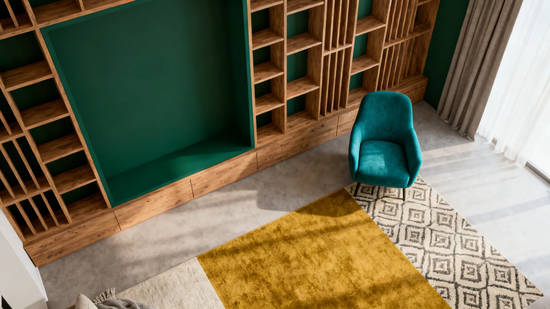 Top-down visual layout of a compact living room showing vertical shelving with colored backing and furniture placement.