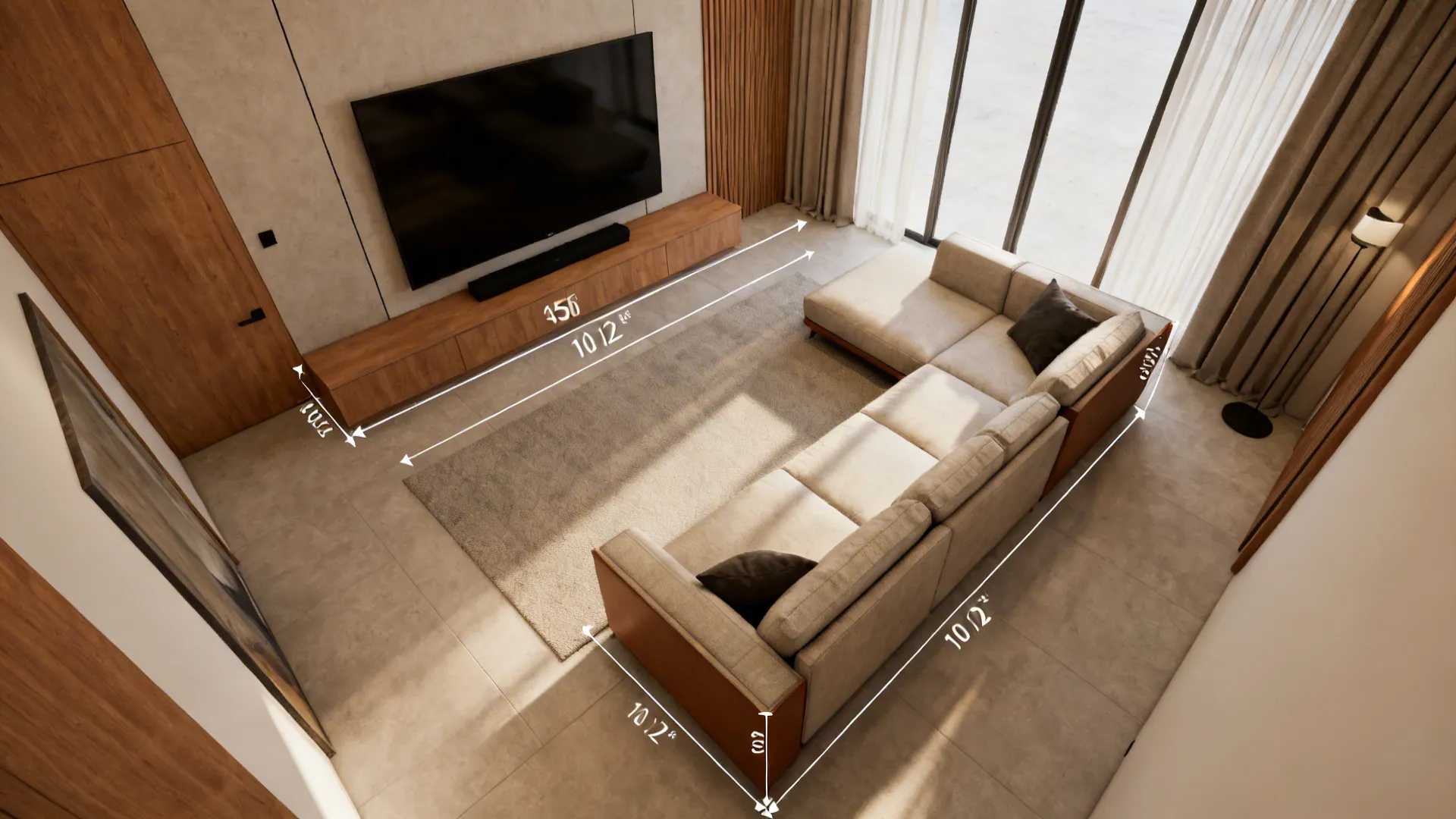 Top-down room planner view showing seating layouts and viewing distances for an 85-inch TV.