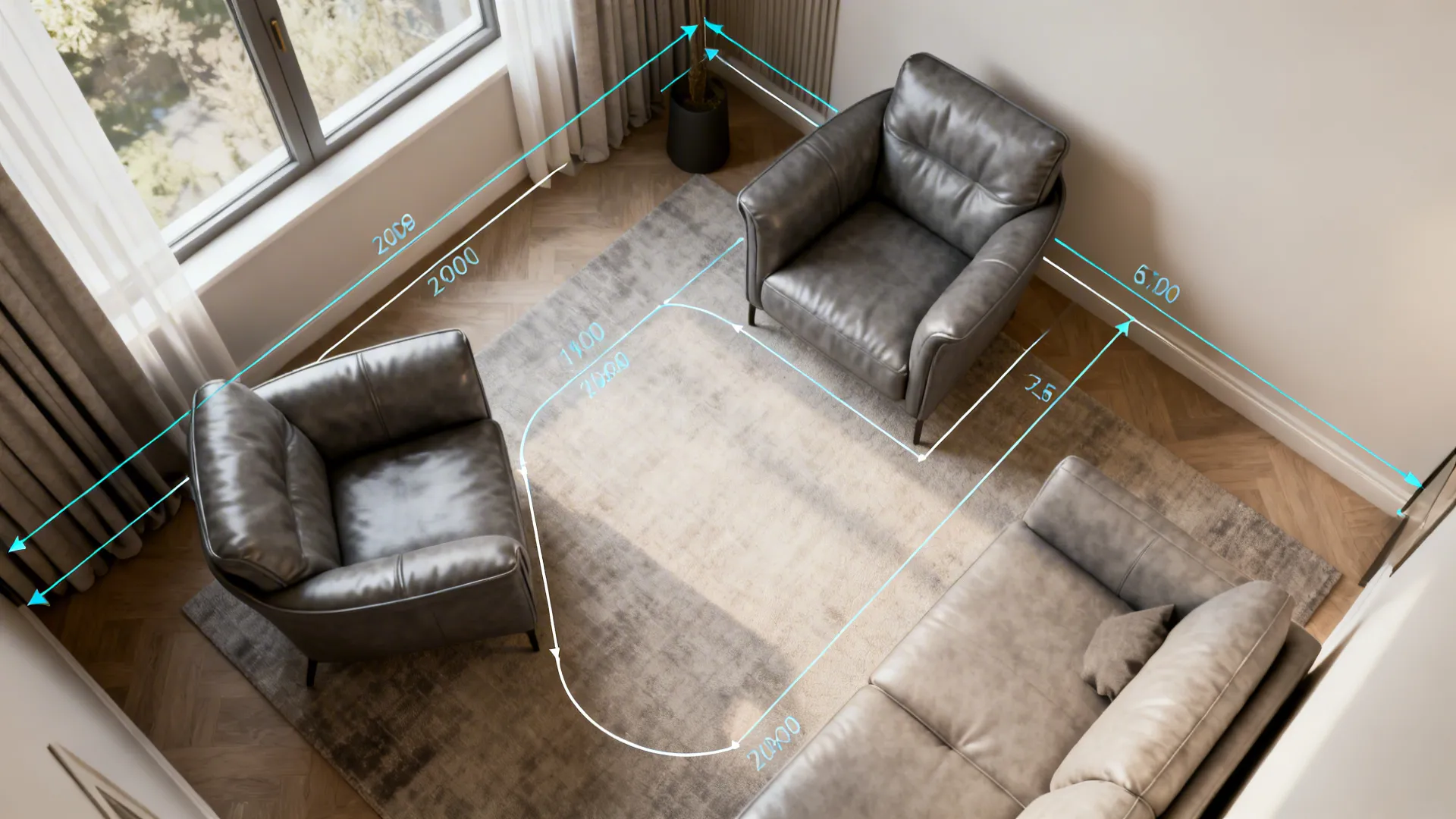 Top-down 3D floor plan showing two gray leather chairs and circulation paths in a small living room.