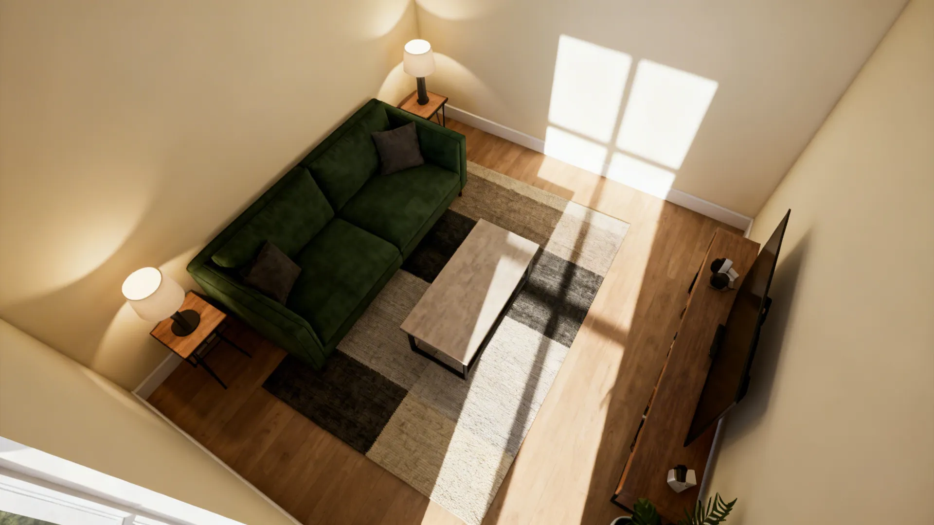 Top-down room layout with green sofa, rugs and lighting zones for scale testing