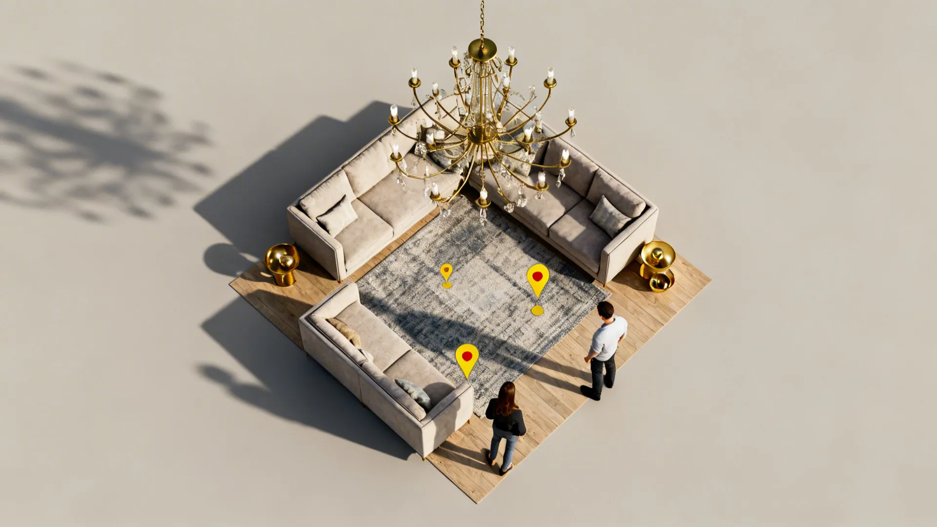 Top-down 3D visualization of a small living room showing furniture and lighting scale.