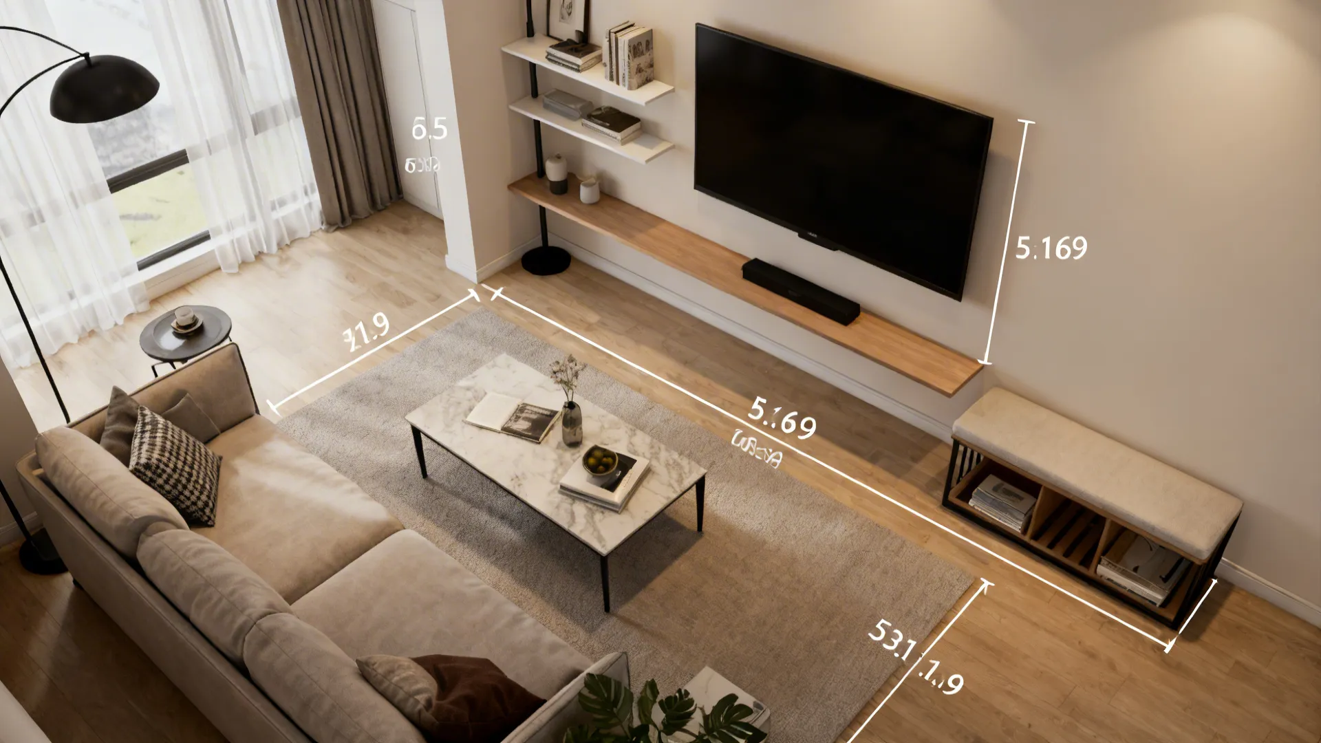 Top-down room planner view showing furniture footprints and TV placement options for a small living room.