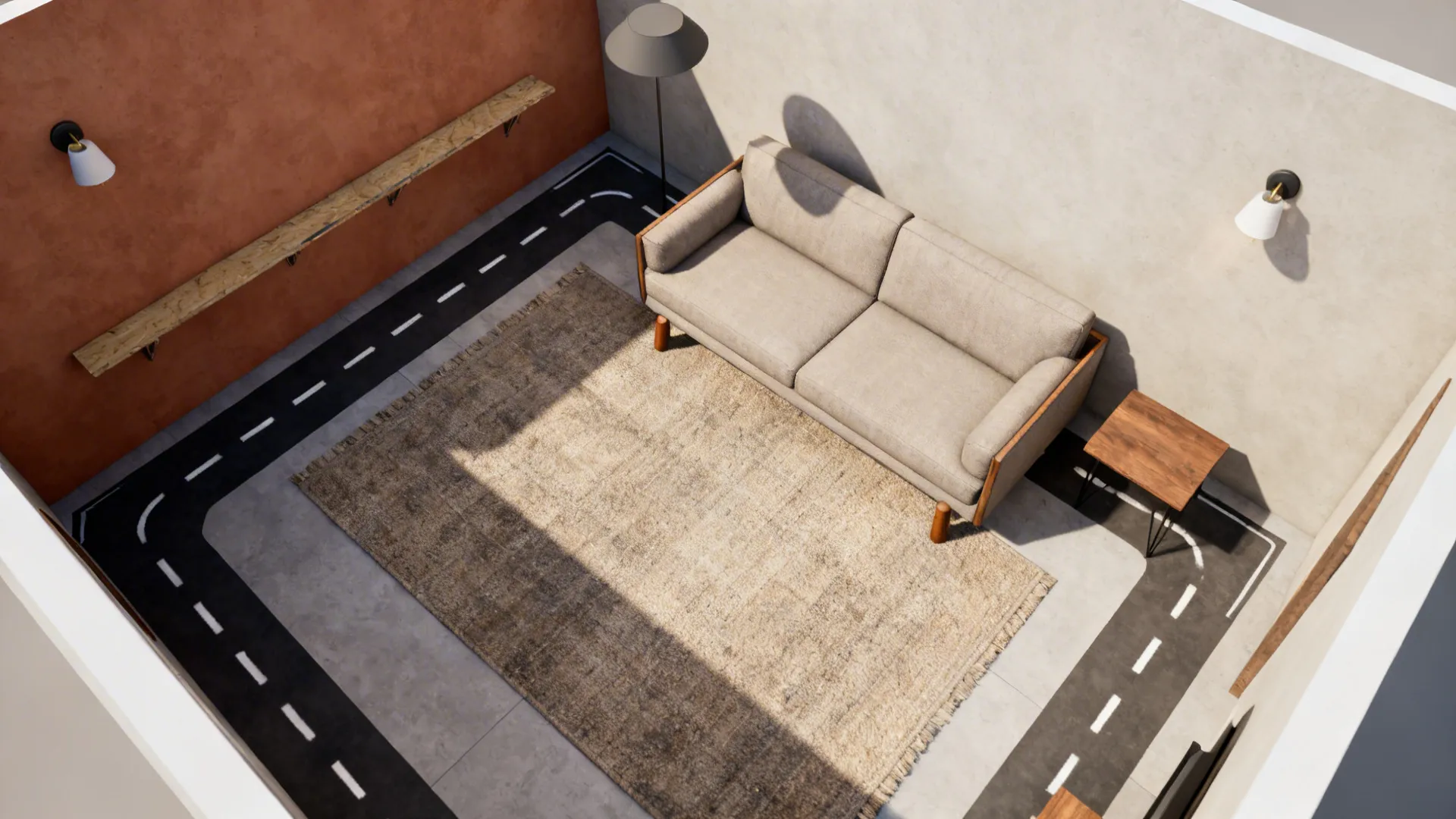 Top-down layout with large rug, sofa front legs on rug, clear traffic lanes, and a slim shelf along the wall.