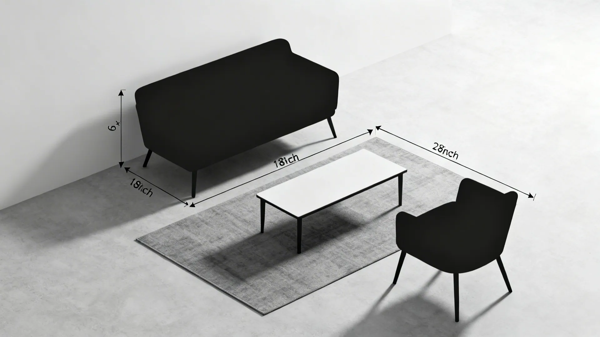 Top-down plan view showing a floated sofa, correct coffee table sizing, and clear walkways.