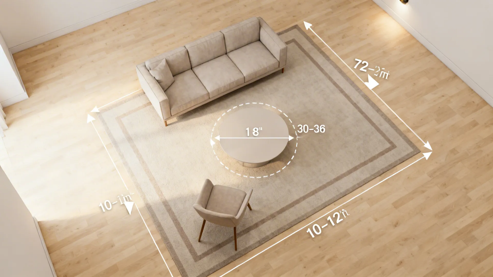 Top-down view of compact L-shaped seating with a round table and clear walkways.