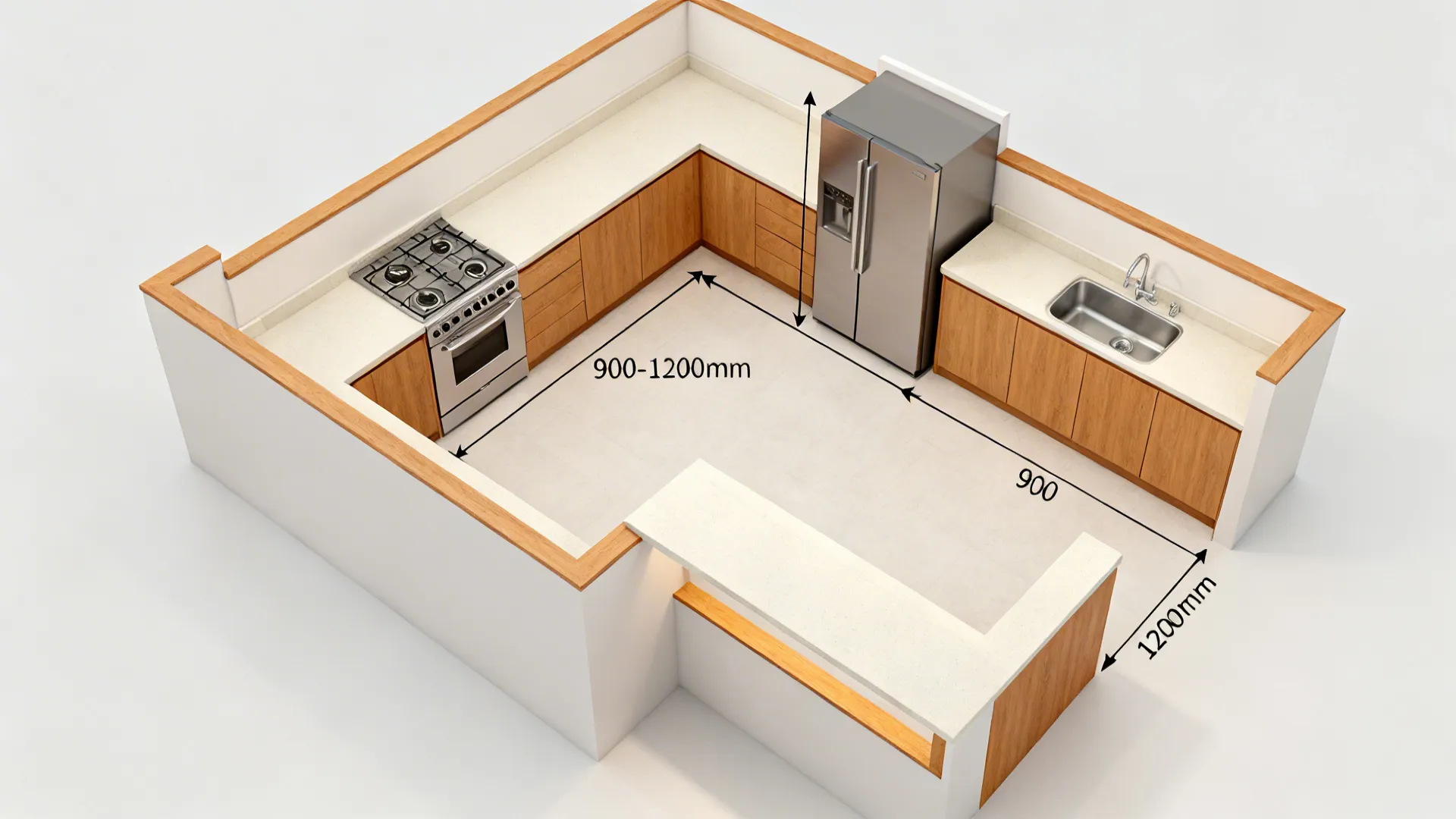 Top-down view comparing compact galley and L-shape with continuous counters and clear sightlines.