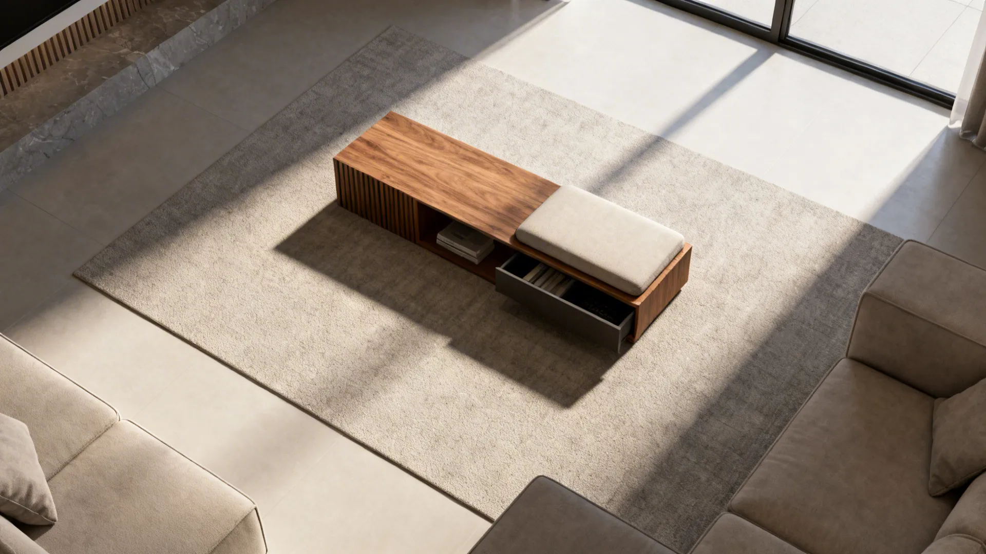 Top-down visualization of a small living room layout highlighting a statement wood element and multifunctional furniture.