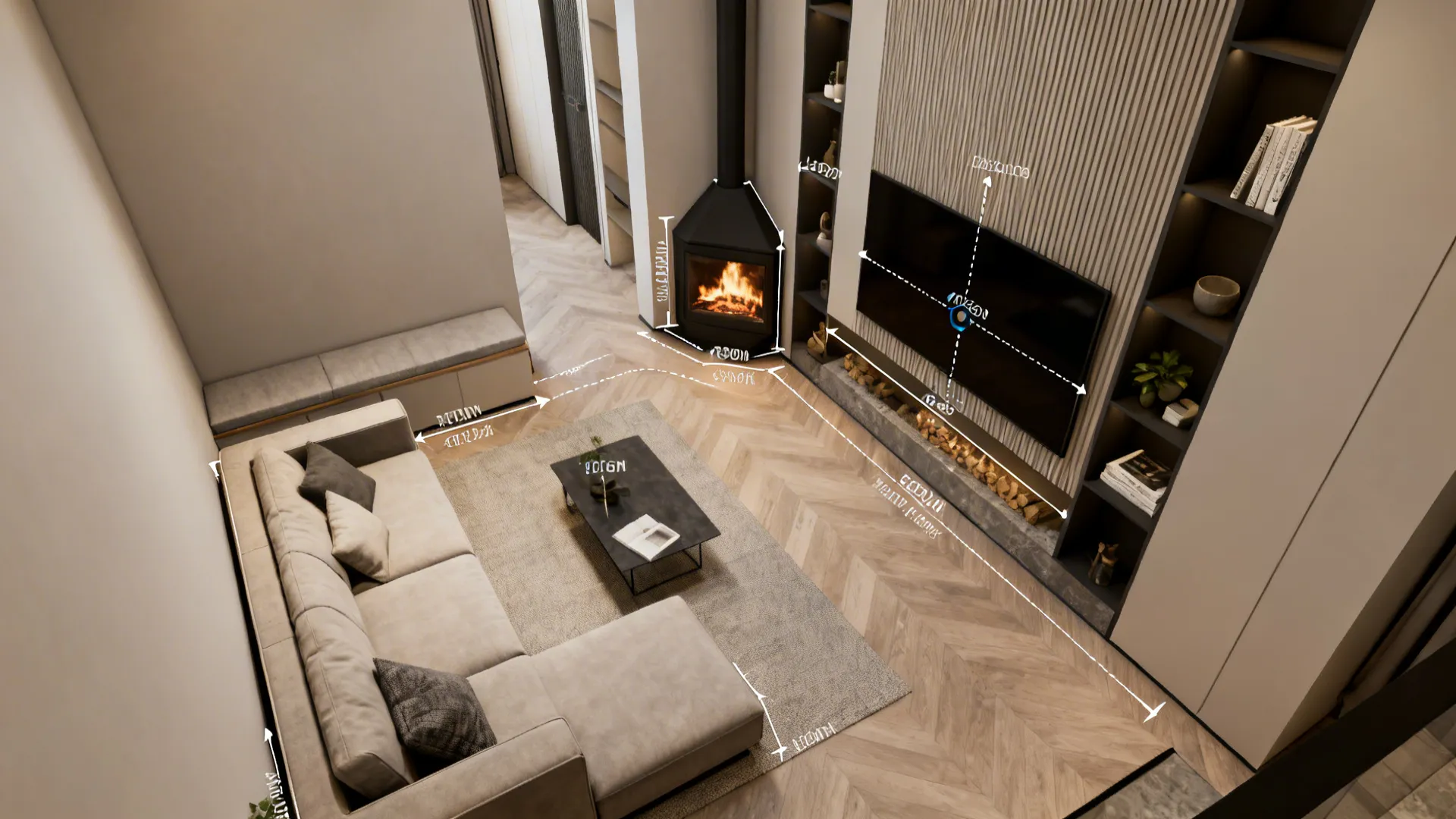 Top-down room planner layout for a narrow living room with a corner fireplace showing furniture and circulation