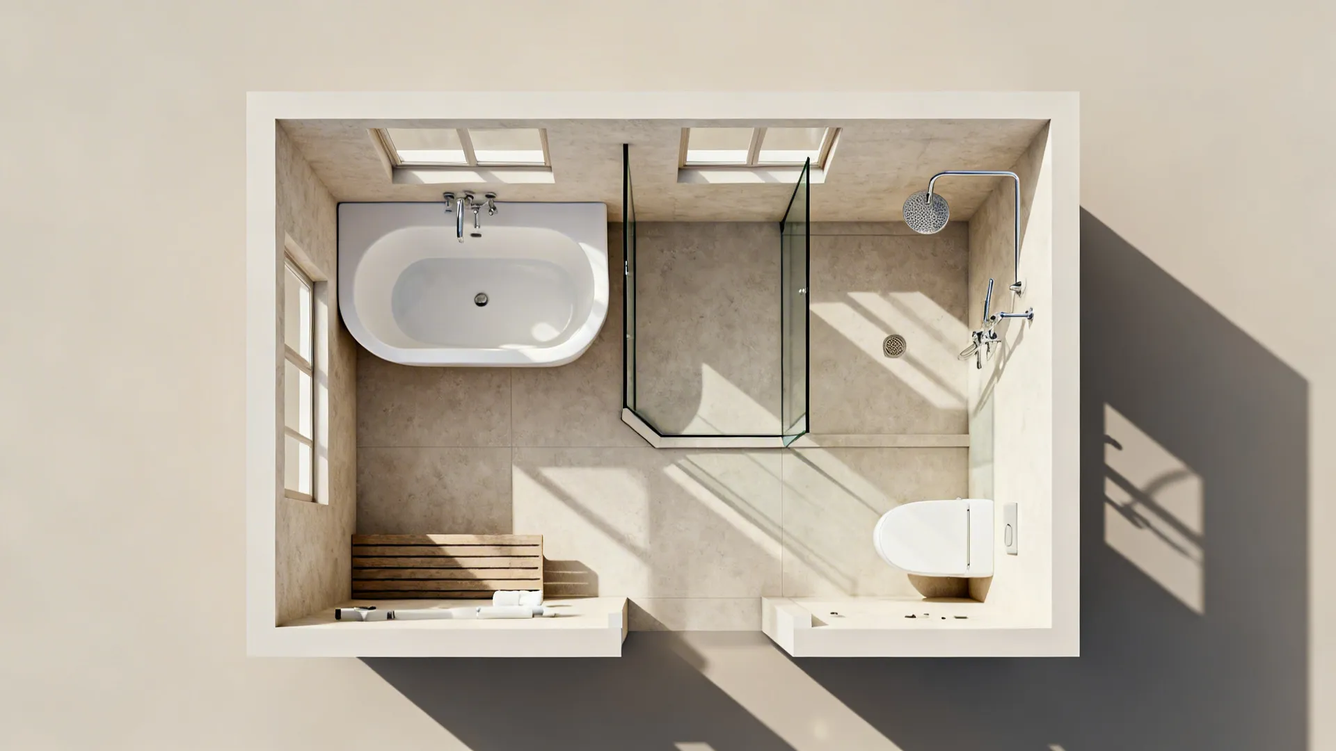 Top-down render of small bathroom layout options including tub, corner tub and curbless shower