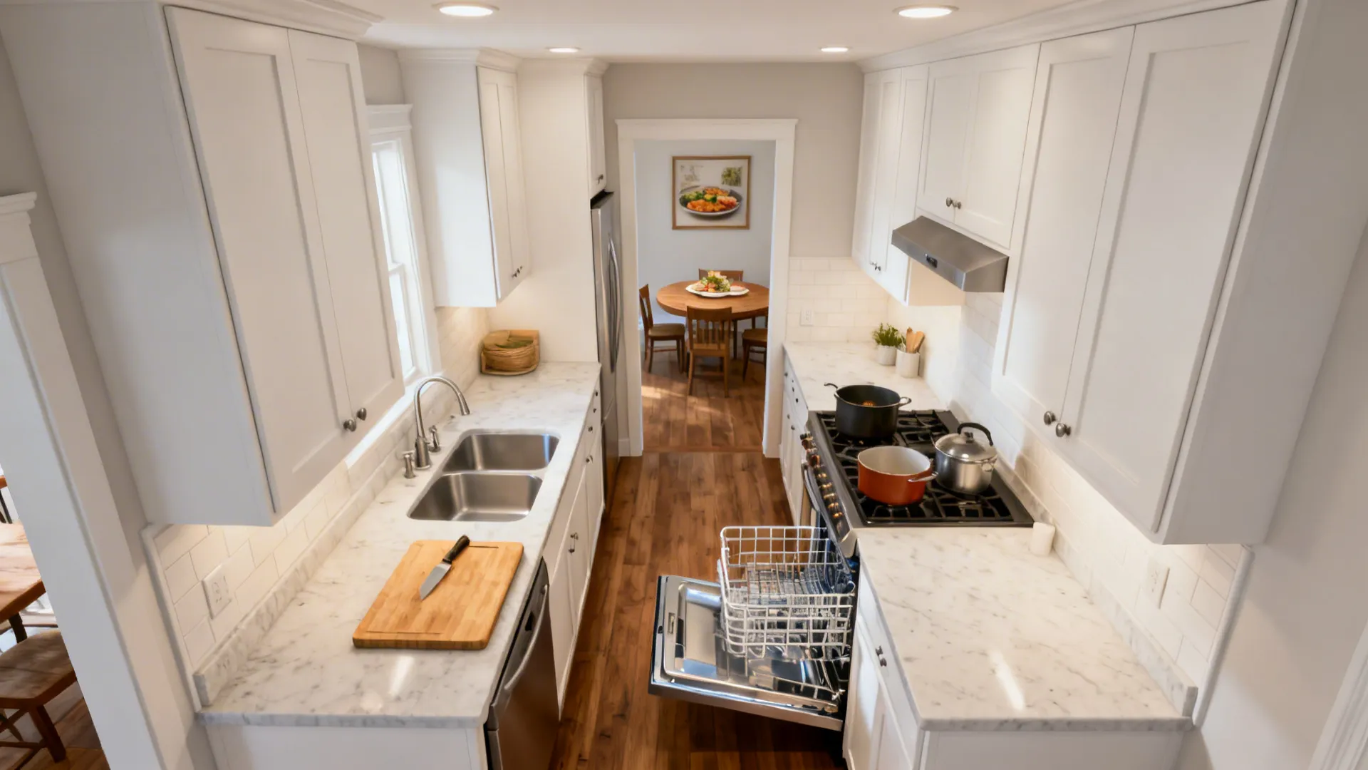 Top-down view of an efficient L-shaped kitchen layout with clear prep, cook, and clean zones.