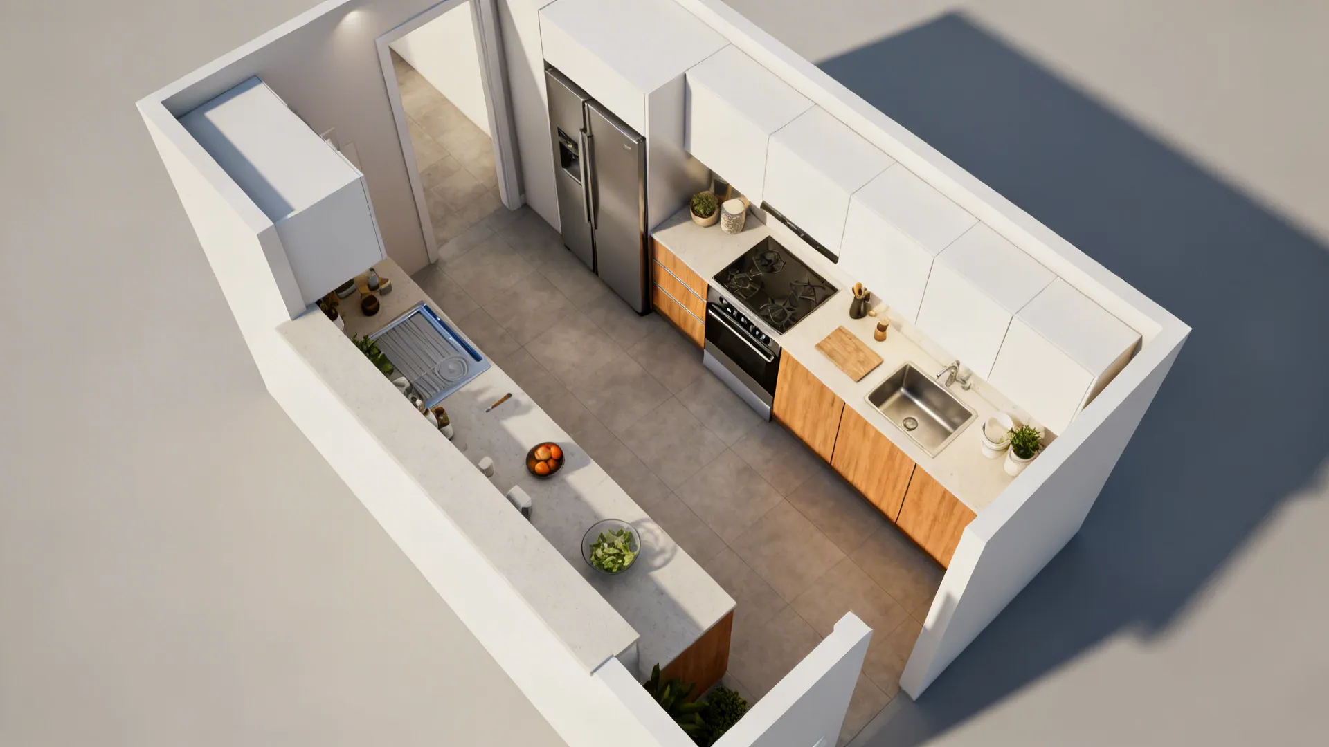 Top-down view of compact kitchen showing efficient galley and L-shape flow.