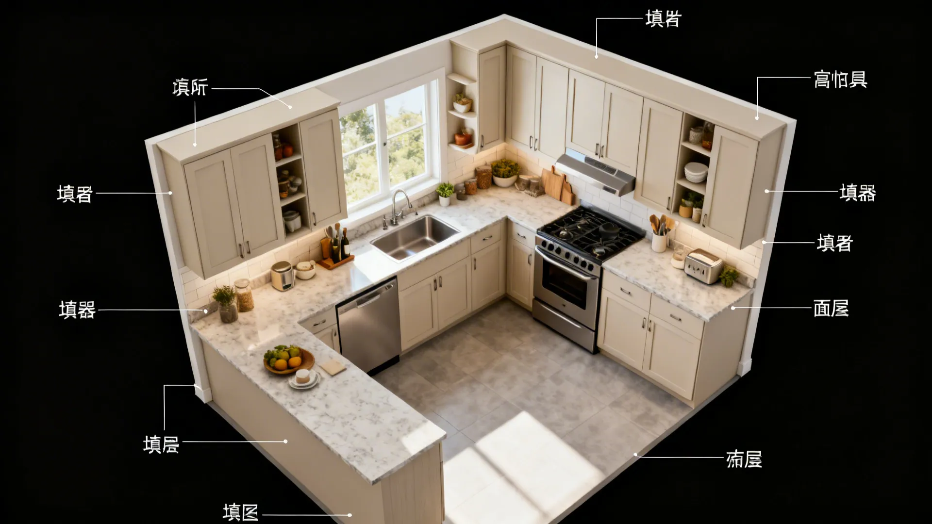 Top-down L-shaped kitchen layout showing clearances and efficient cabinet placement.