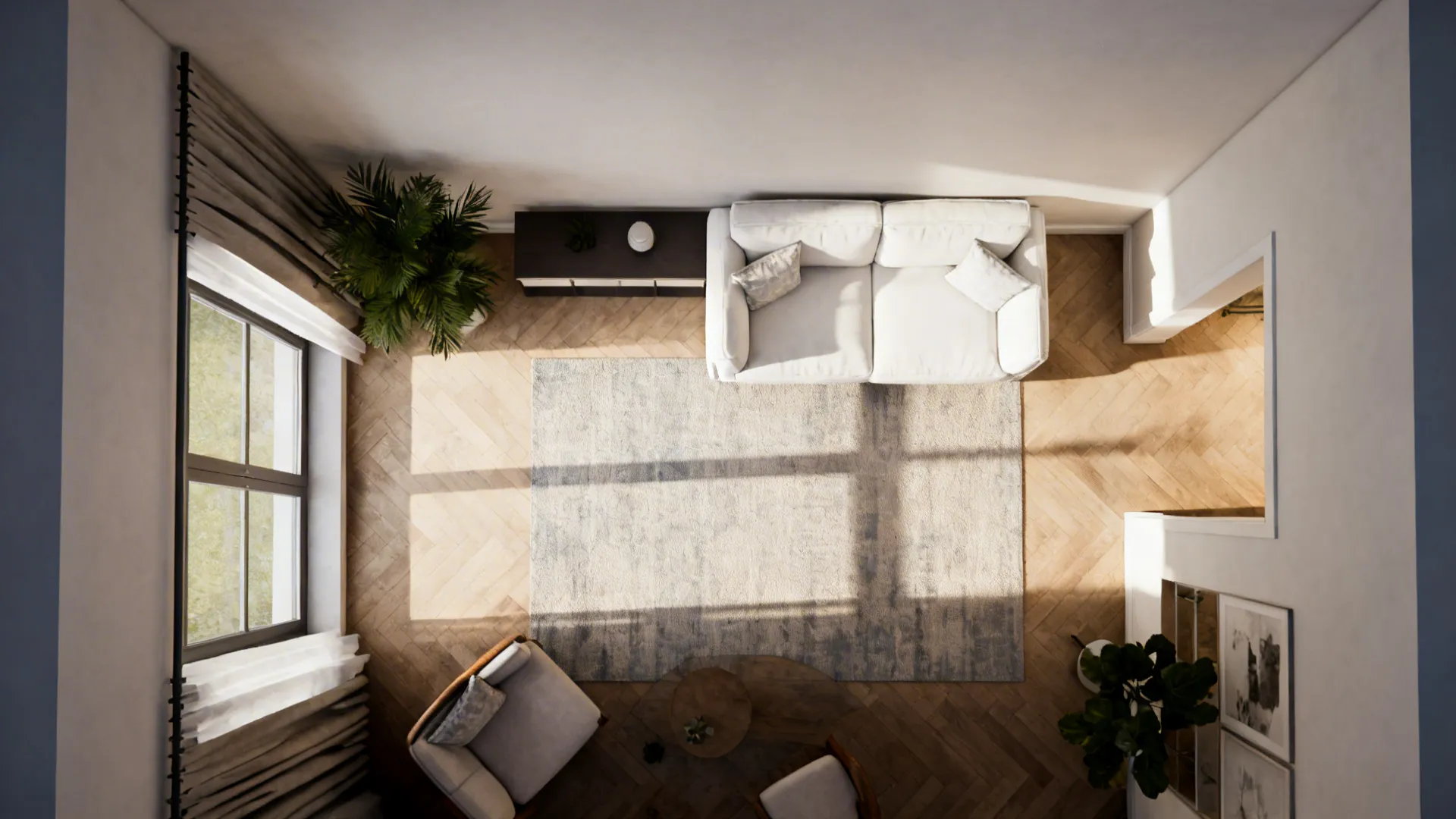 Top-down floor plan view showing a white sofa against the wall and clear circulation