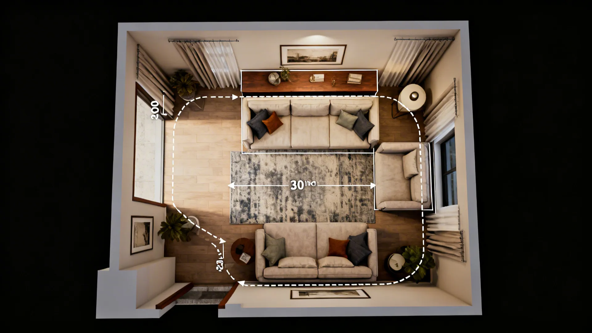 Top-down floor plan visual showing sectional placement, circulation paths and rug sizing guidance.