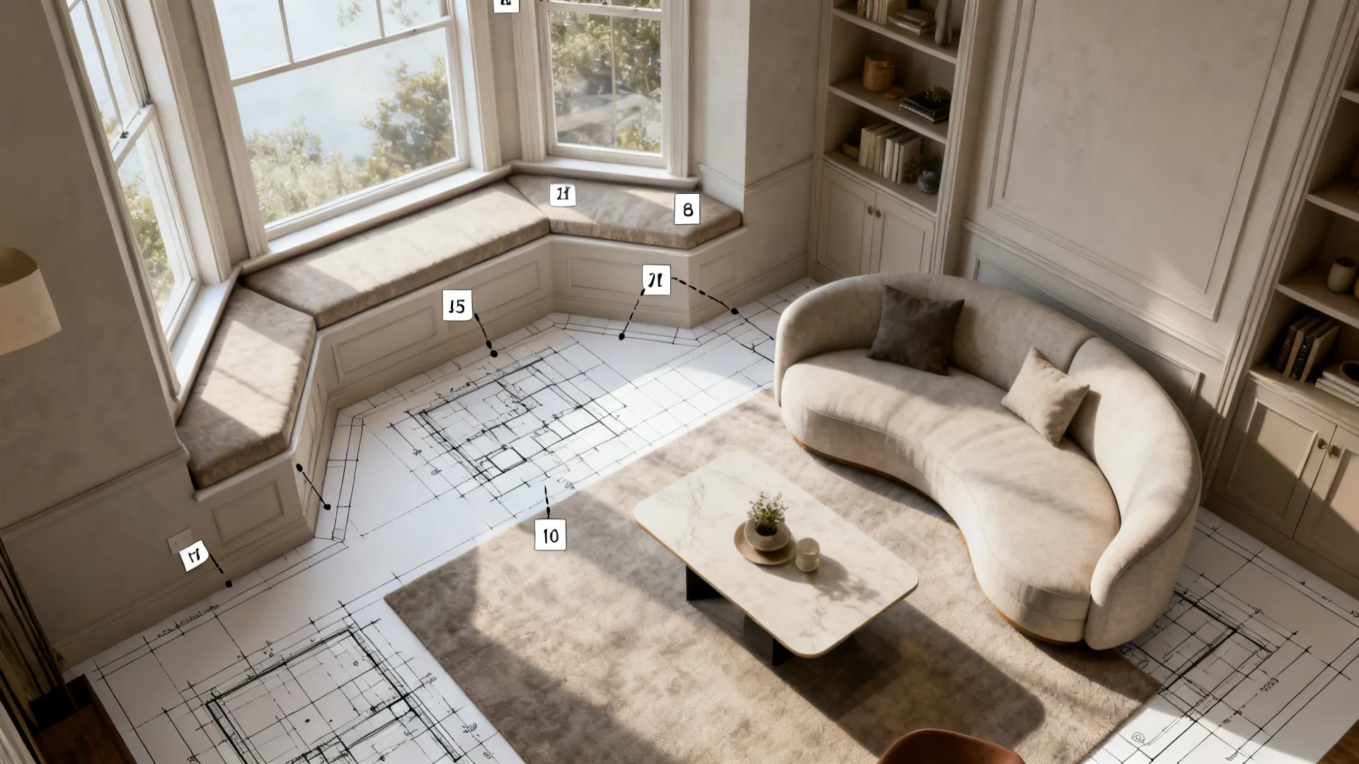 Top-down layout view showing furniture placement options around a bay window.